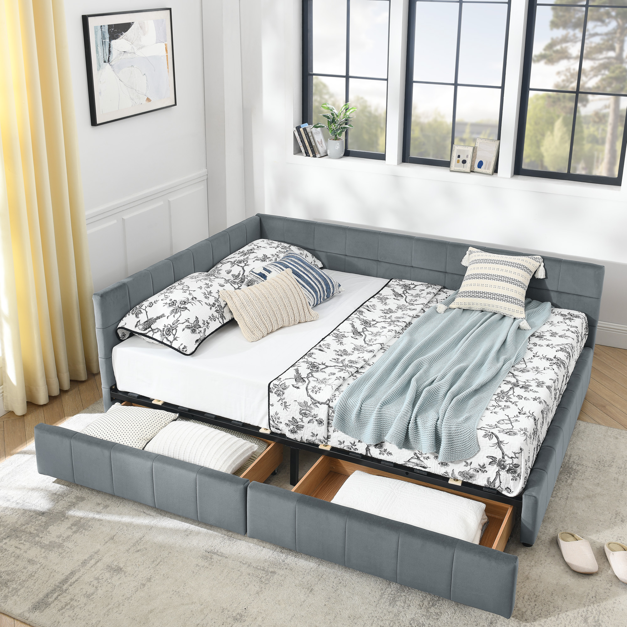 Queen Size Storage Upholstered Tufted Bed Frame, Sofa Bed Frame with Comfortable Backrest and Armrests,Queen Size Bed for Bedroom, Living Room,Velvet, grey(85.5''*64.5''*29.5'') - Image 1