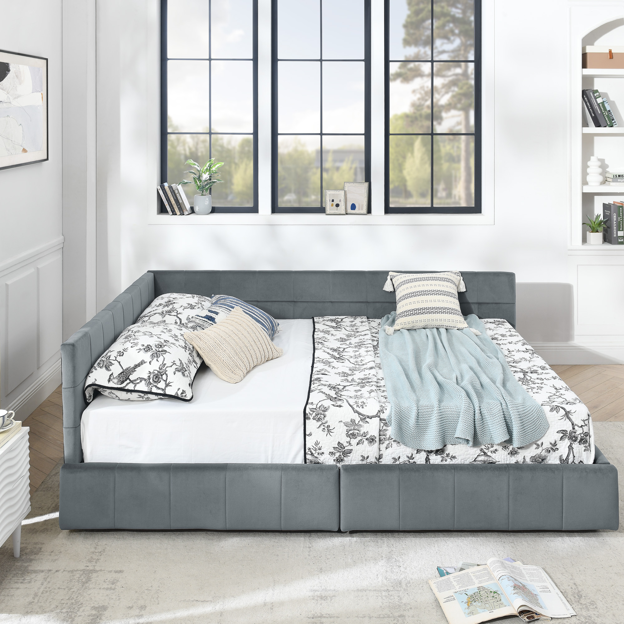 Queen Size Storage Upholstered Tufted Bed Frame, Sofa Bed Frame with Comfortable Backrest and Armrests,Queen Size Bed for Bedroom, Living Room,Velvet, grey(85.5''*64.5''*29.5'') - Image 2