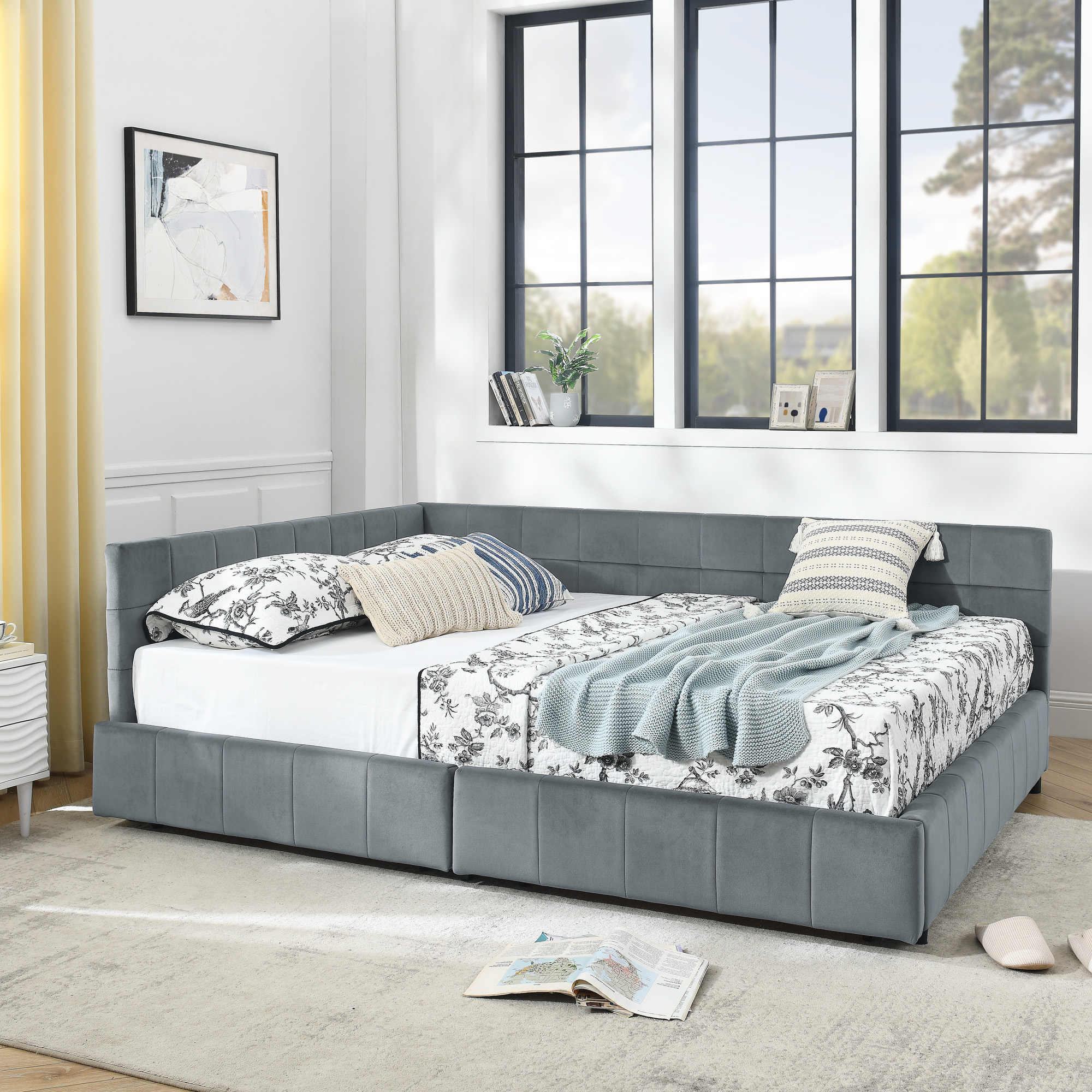 Queen Size Storage Upholstered Tufted Bed Frame, Sofa Bed Frame with Comfortable Backrest and Armrests,Queen Size Bed for Bedroom, Living Room,Velvet, grey(85.5''*64.5''*29.5'') - Image 4