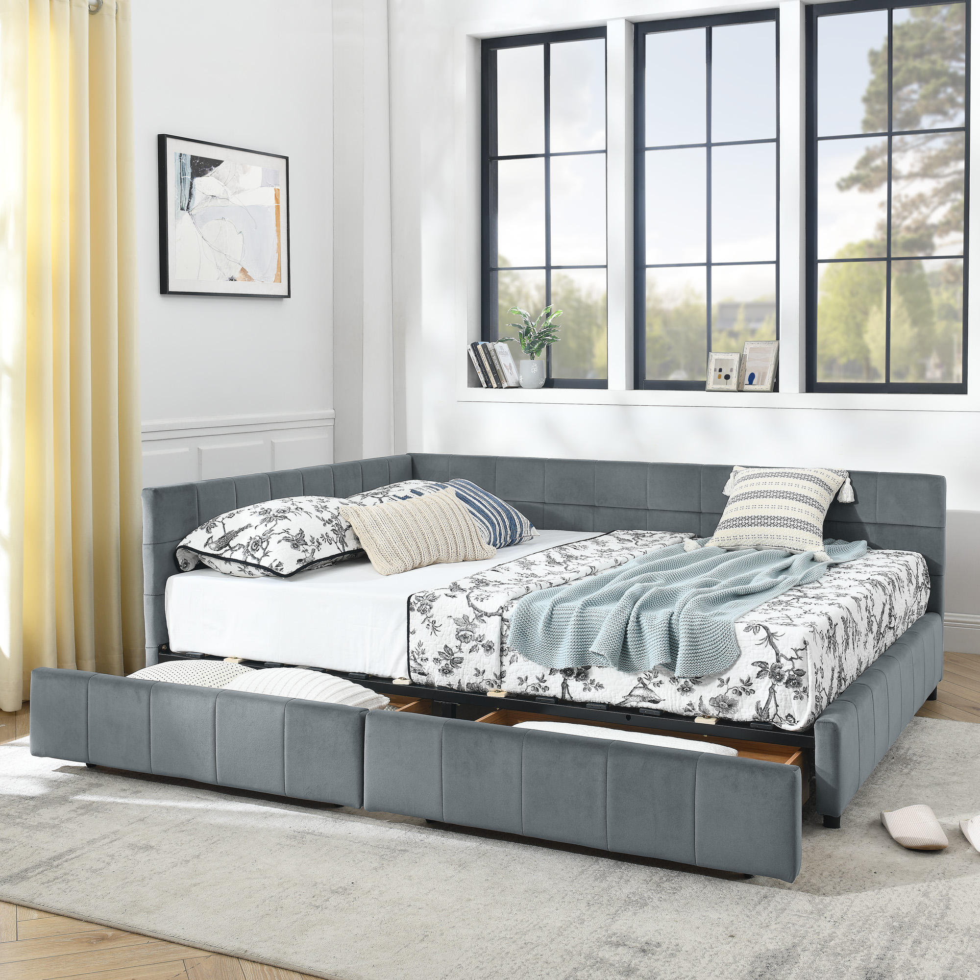 Queen Size Storage Upholstered Tufted Bed Frame, Sofa Bed Frame with Comfortable Backrest and Armrests,Queen Size Bed for Bedroom, Living Room,Velvet, grey(85.5''*64.5''*29.5'') - Image 3