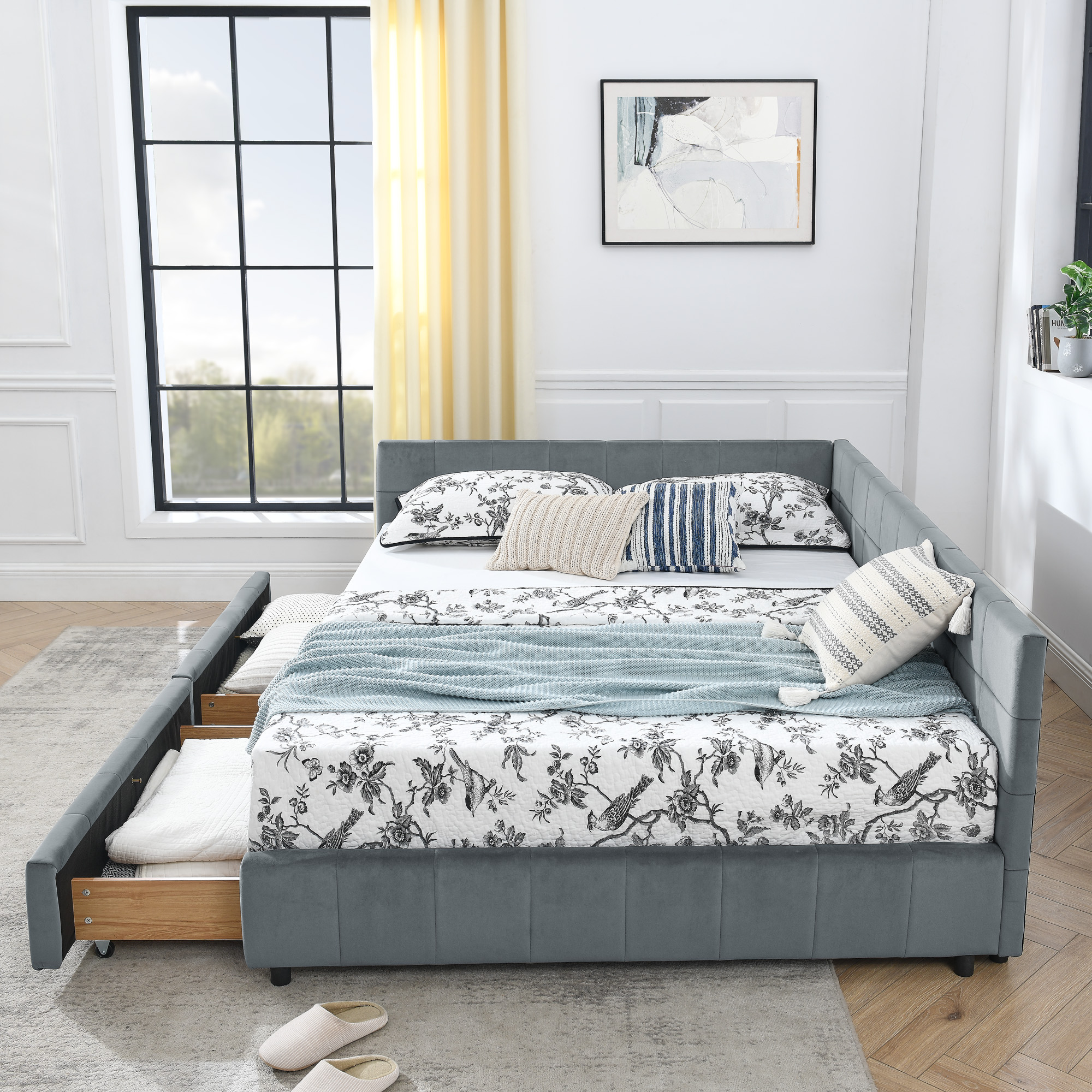 Queen Size Storage Upholstered Tufted Bed Frame, Sofa Bed Frame with Comfortable Backrest and Armrests,Queen Size Bed for Bedroom, Living Room,Velvet, grey(85.5''*64.5''*29.5'') - Image 5