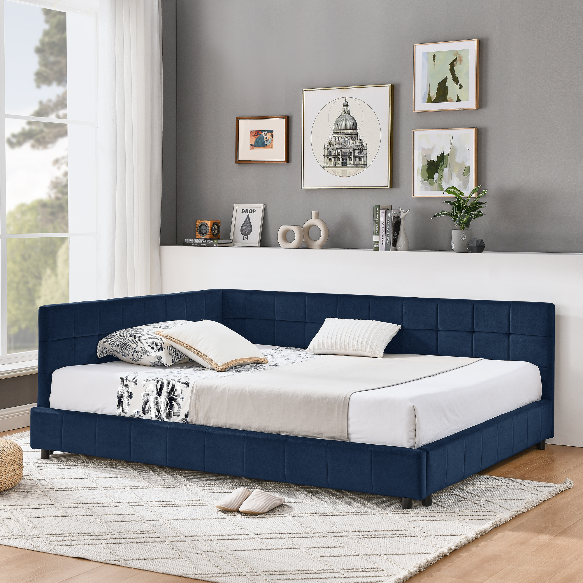 Full Size Upholstered Tufted Bed Frame, Sofa Bed Frame with Comfortable Backrest and Armrests, Full Size Bed for Bedroom, Living Room,Velvet, Dark blue(80.5”*59”*30.5”)