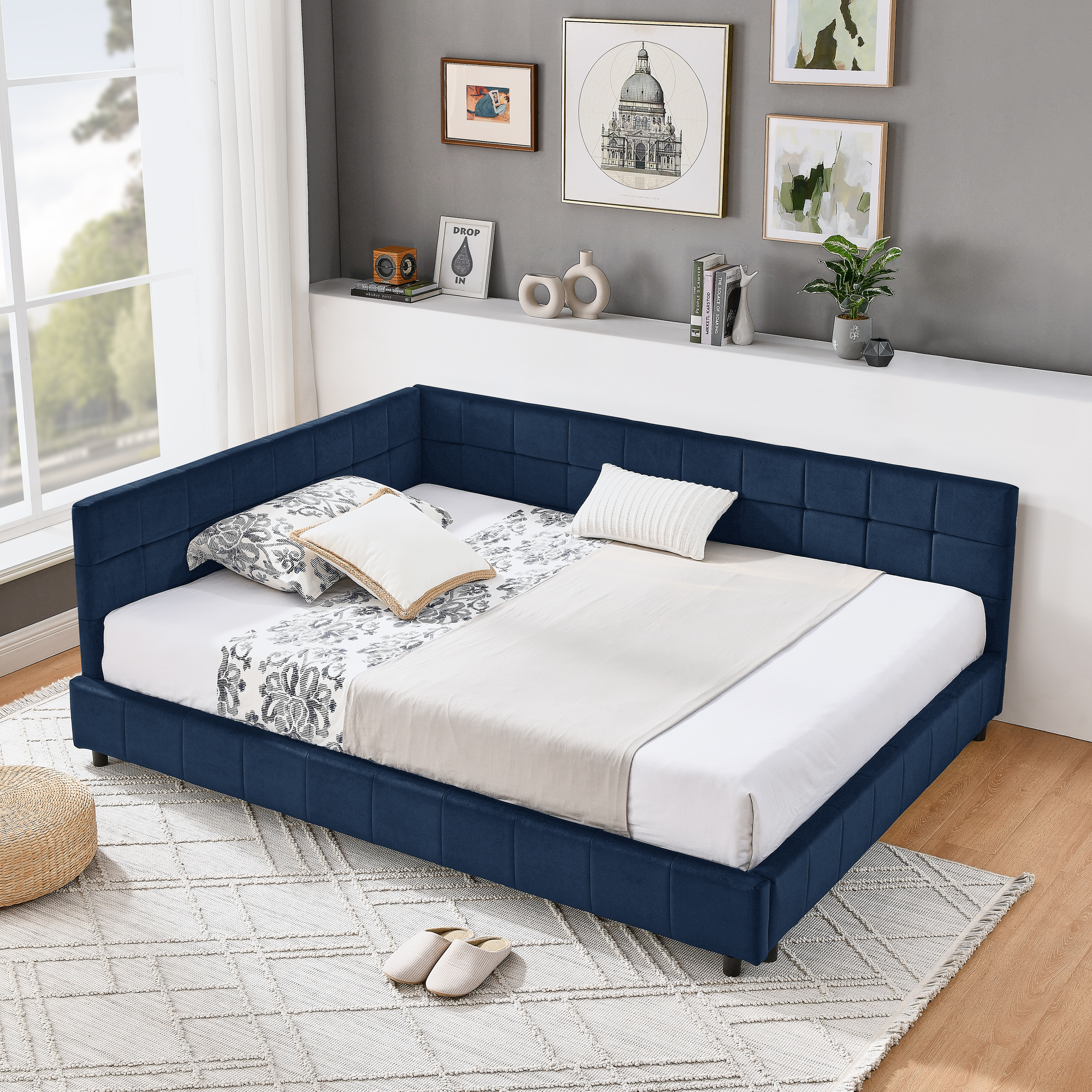 Full Size Upholstered Tufted Bed Frame, Sofa Bed Frame with Comfortable Backrest and Armrests, Full Size Bed for Bedroom, Living Room,Velvet, Dark blue(80.5''*59''*30.5'') - Image 2