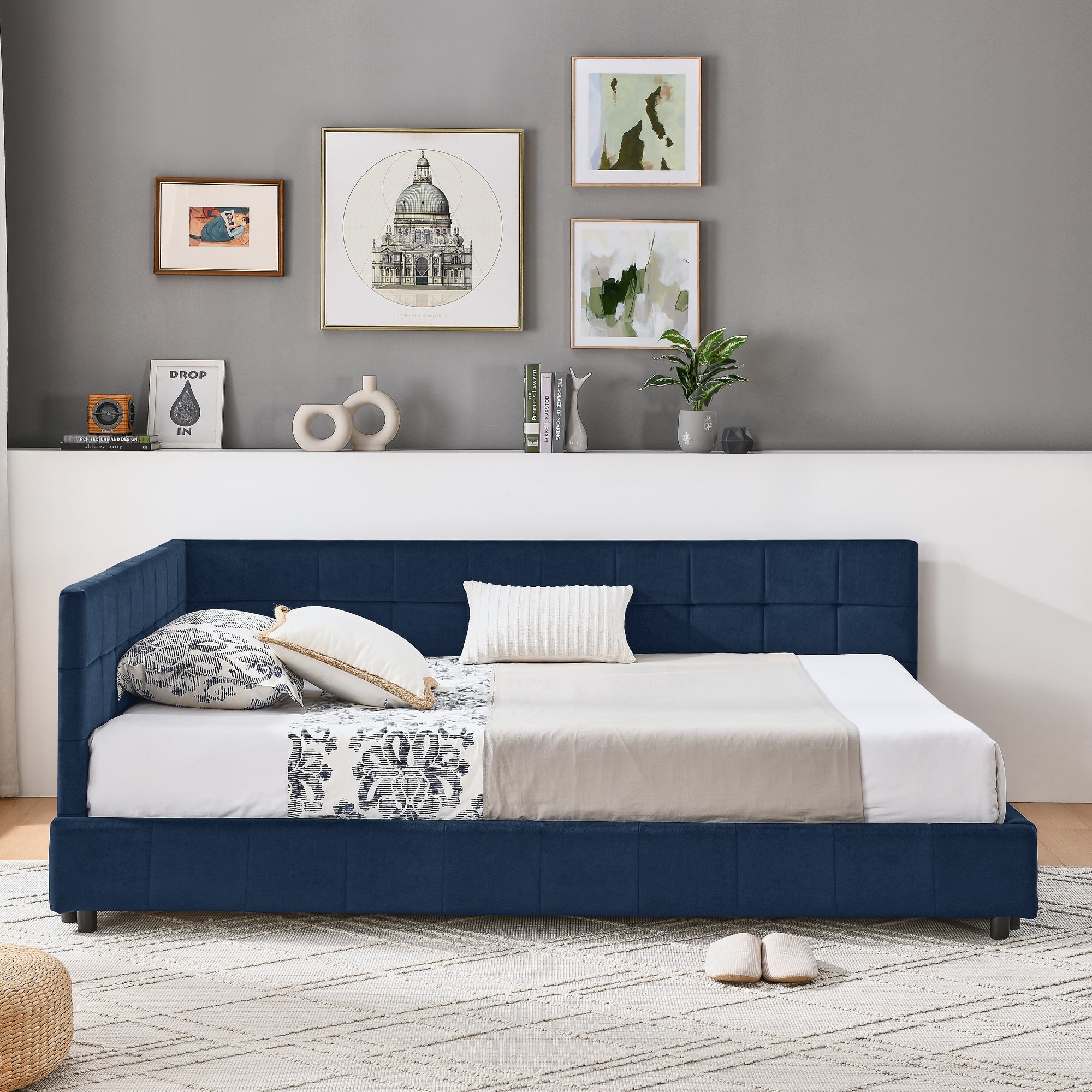 Full Size Upholstered Tufted Bed Frame, Sofa Bed Frame with Comfortable Backrest and Armrests, Full Size Bed for Bedroom, Living Room,Velvet, Dark blue(80.5''*59''*30.5'') - Image 3