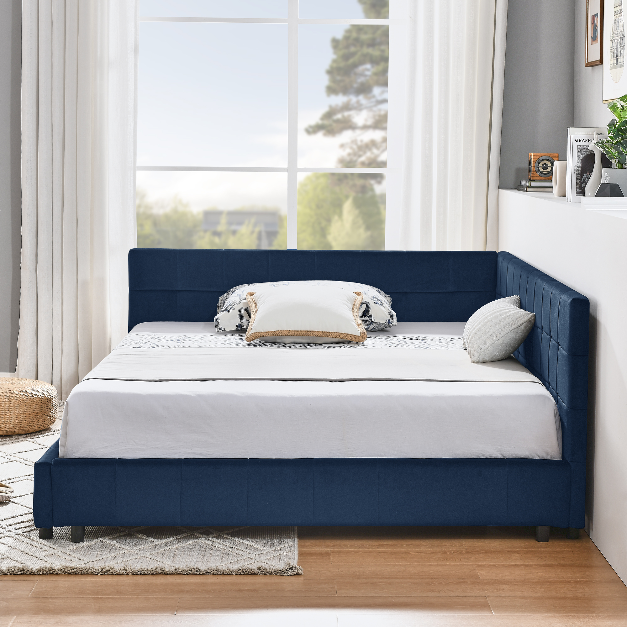 Full Size Upholstered Tufted Bed Frame, Sofa Bed Frame with Comfortable Backrest and Armrests, Full Size Bed for Bedroom, Living Room,Velvet, Dark blue(80.5''*59''*30.5'') - Image 4