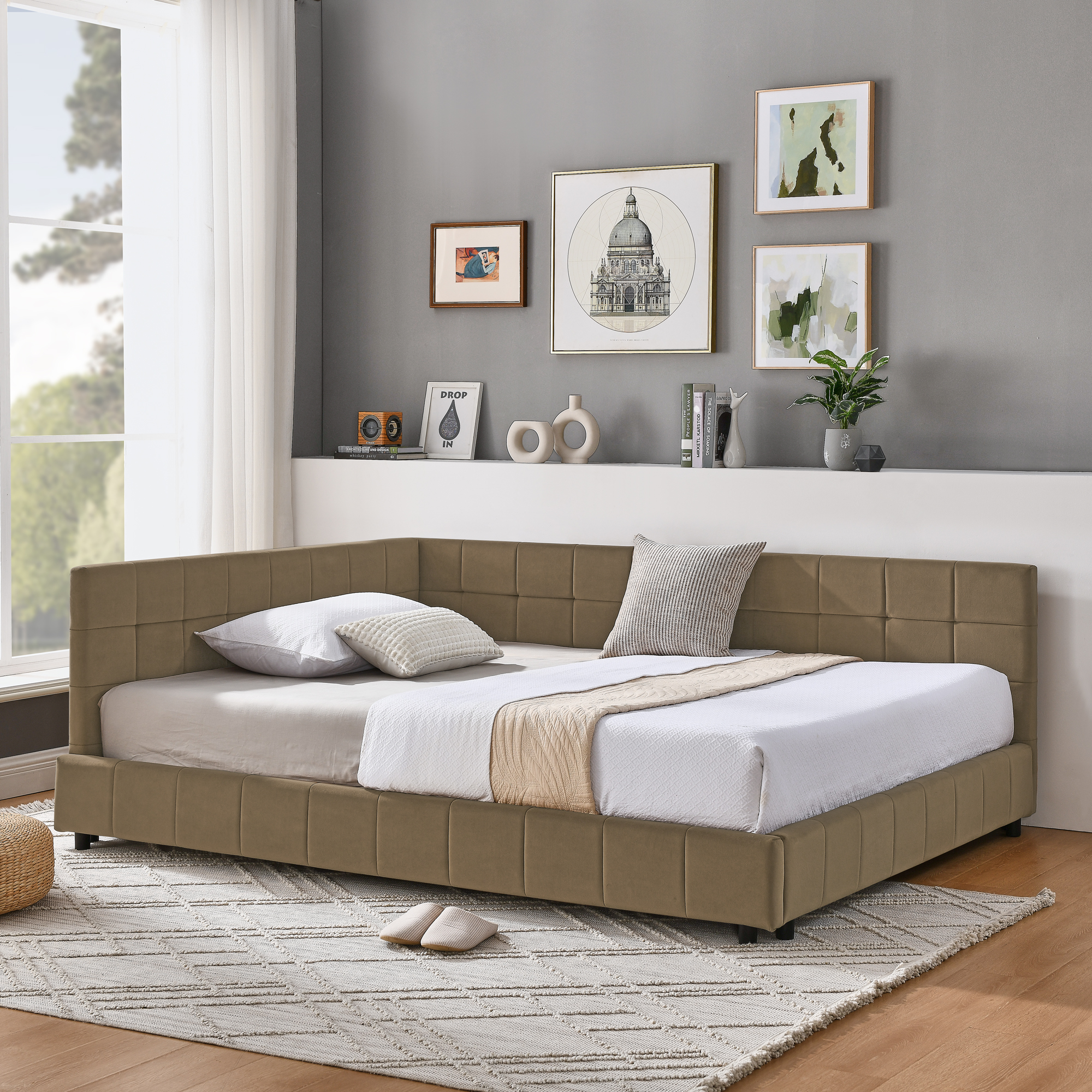 Full Size Upholstered Tufted Bed Frame, Sofa Bed Frame with Comfortable Backrest and Armrests, Full Size Bed for Bedroom, Living Room,Velvet, BROWN(80.5”*59”*30.5”)