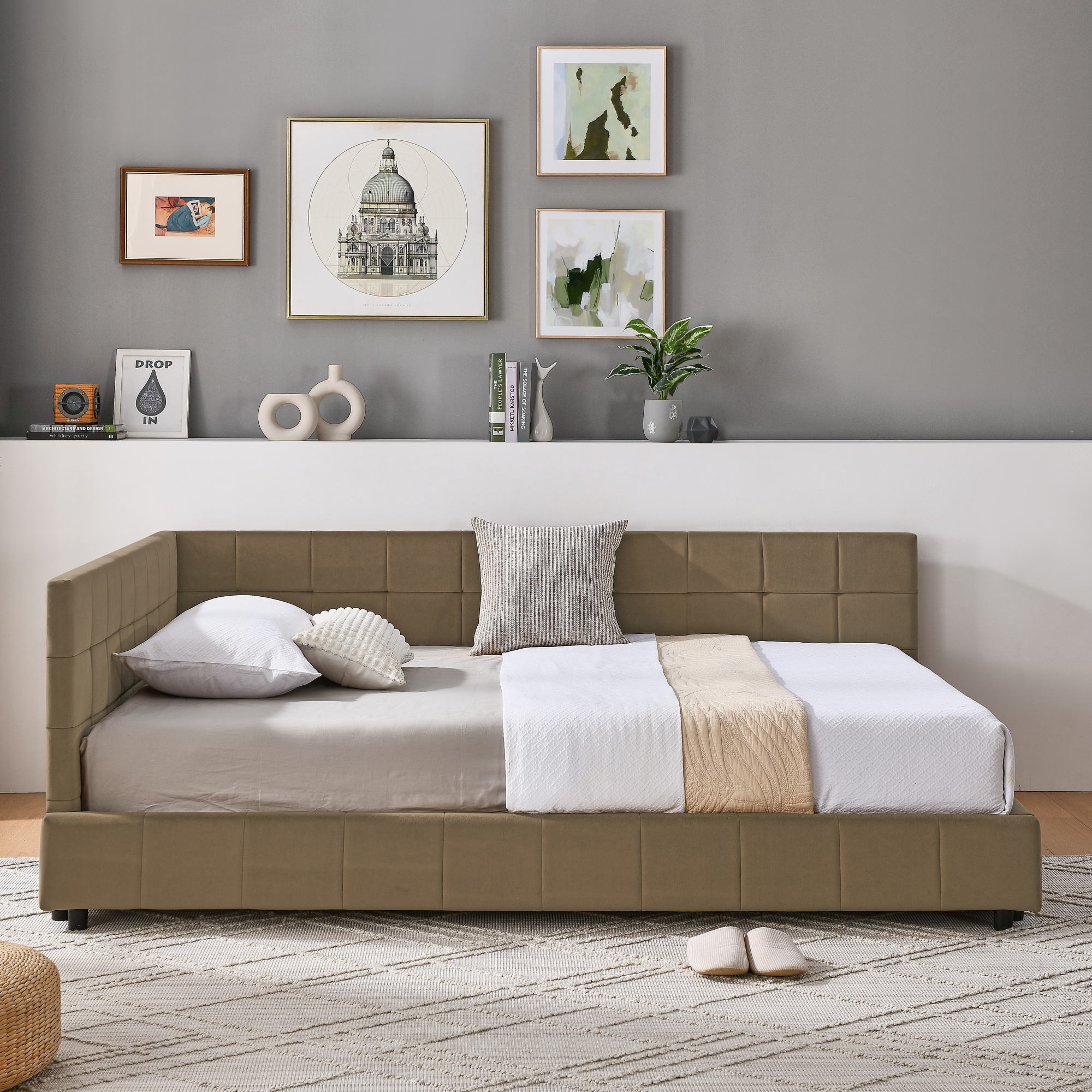 Full Size Upholstered Tufted Bed Frame, Sofa Bed Frame with Comfortable Backrest and Armrests, Full Size Bed for Bedroom, Living Room,Velvet, BROWN(80.5''*59''*30.5'') - Image 2