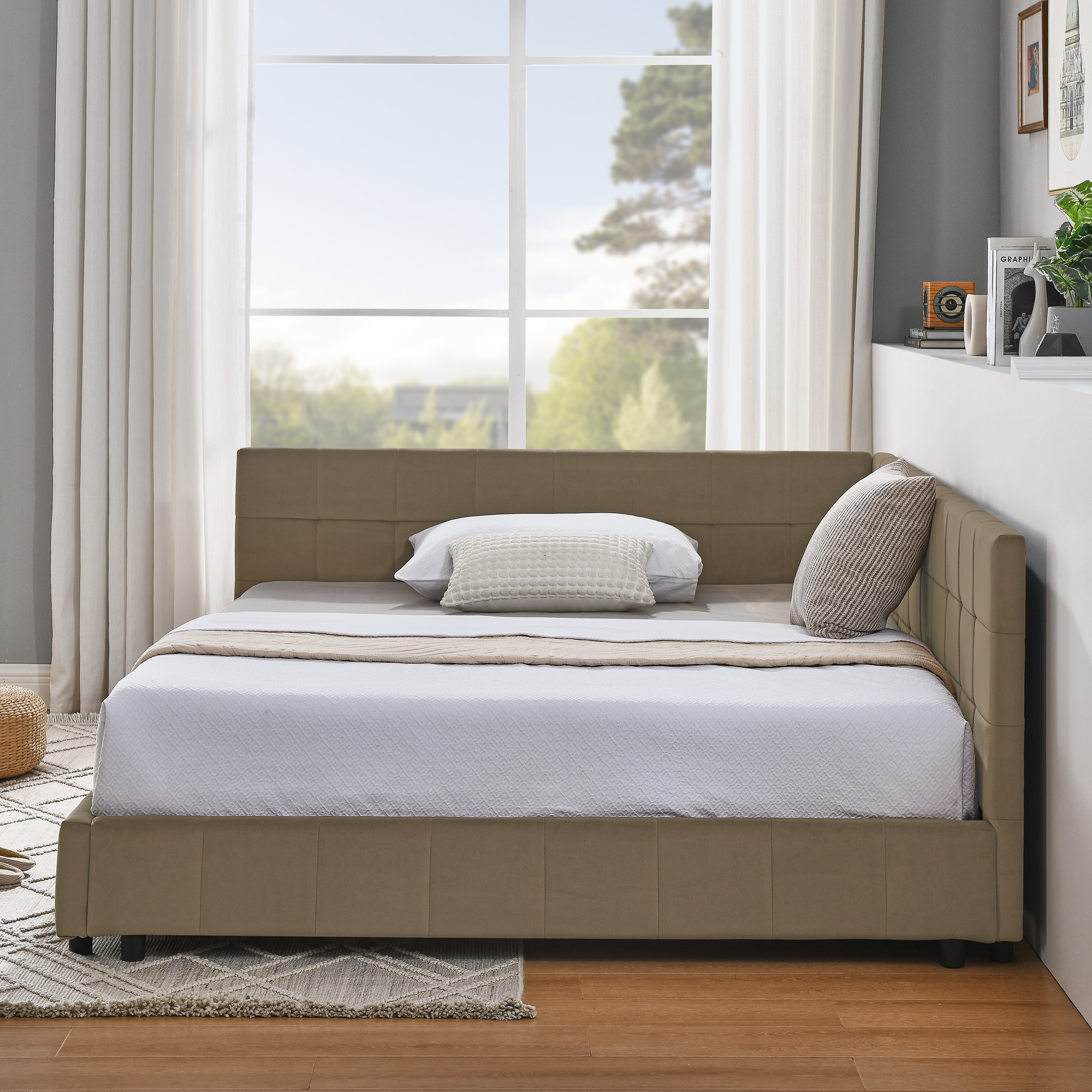 Full Size Upholstered Tufted Bed Frame, Sofa Bed Frame with Comfortable Backrest and Armrests, Full Size Bed for Bedroom, Living Room,Velvet, BROWN(80.5''*59''*30.5'') - Image 3