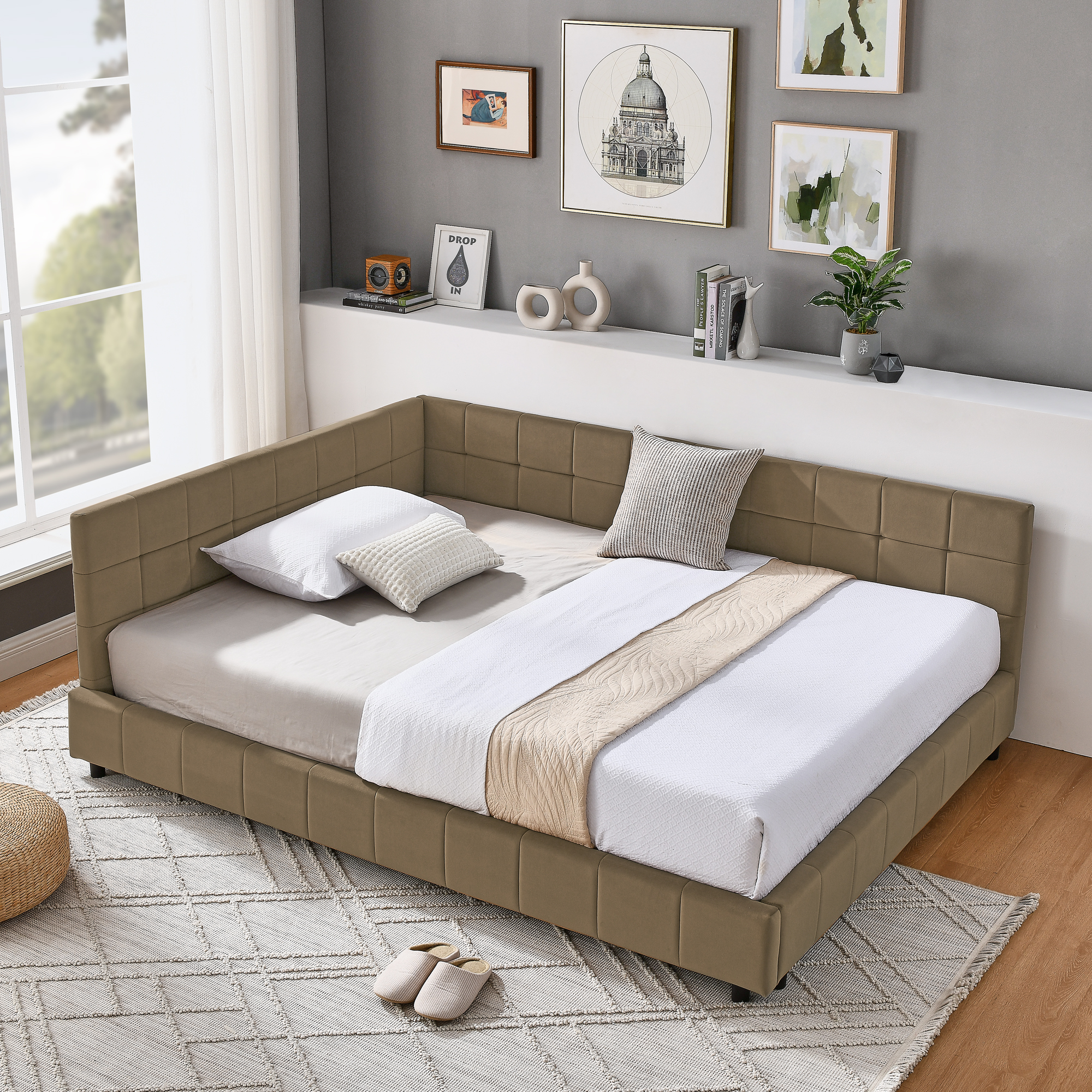 Full Size Upholstered Tufted Bed Frame, Sofa Bed Frame with Comfortable Backrest and Armrests, Full Size Bed for Bedroom, Living Room,Velvet, BROWN(80.5''*59''*30.5'') - Image 4