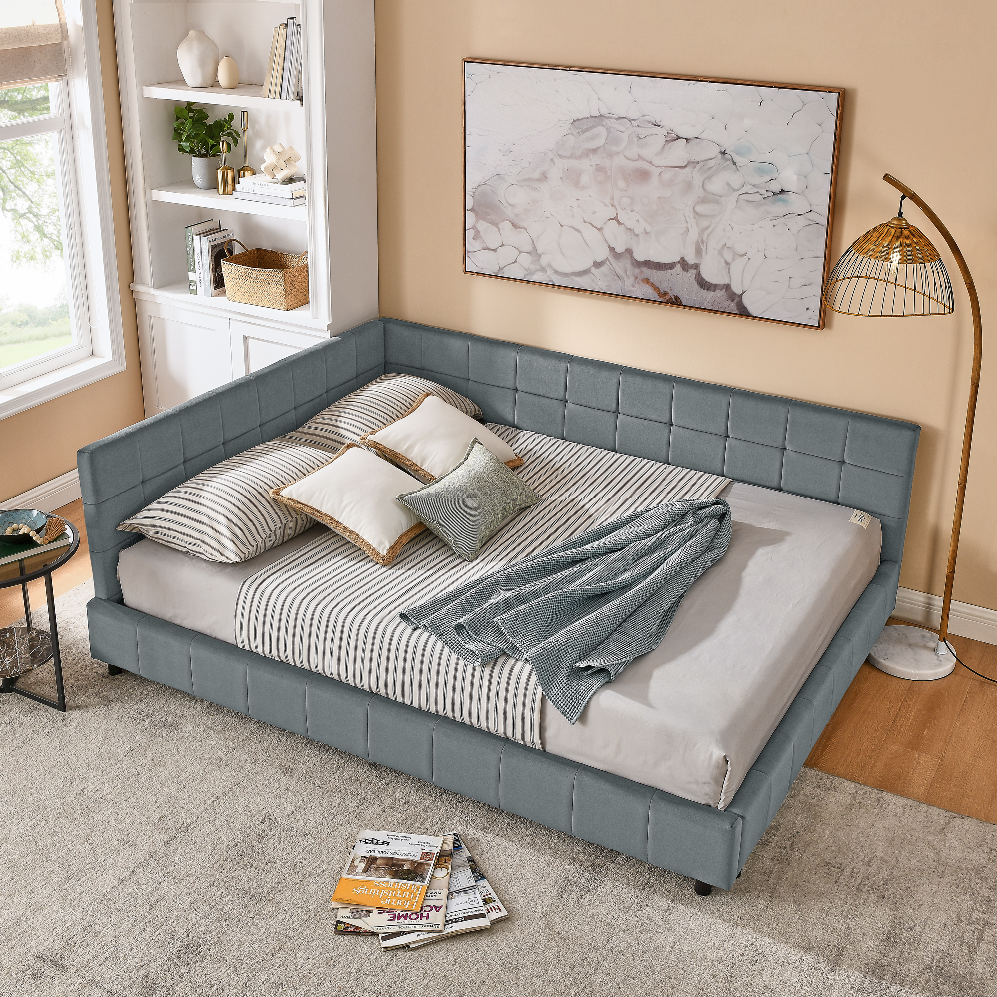 Queen Size Upholstered Tufted Bed Frame, Sofa Bed Frame with Comfortable Backrest and Armrests, Queen Size Bed for Bedroom, Living Room,Velvet, GREY(85.5''*64.5''*30.5'') - Image 1
