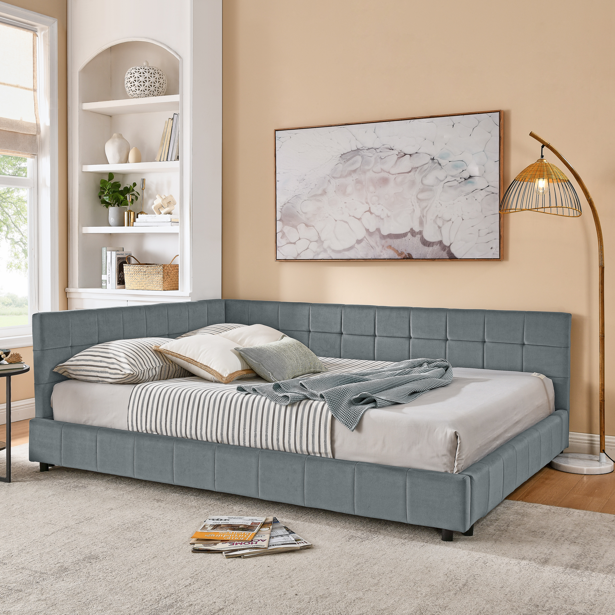 Queen Size Upholstered Tufted Bed Frame, Sofa Bed Frame with Comfortable Backrest and Armrests, Queen Size Bed for Bedroom, Living Room,Velvet, GREY(85.5''*64.5''*30.5'') - Image 2