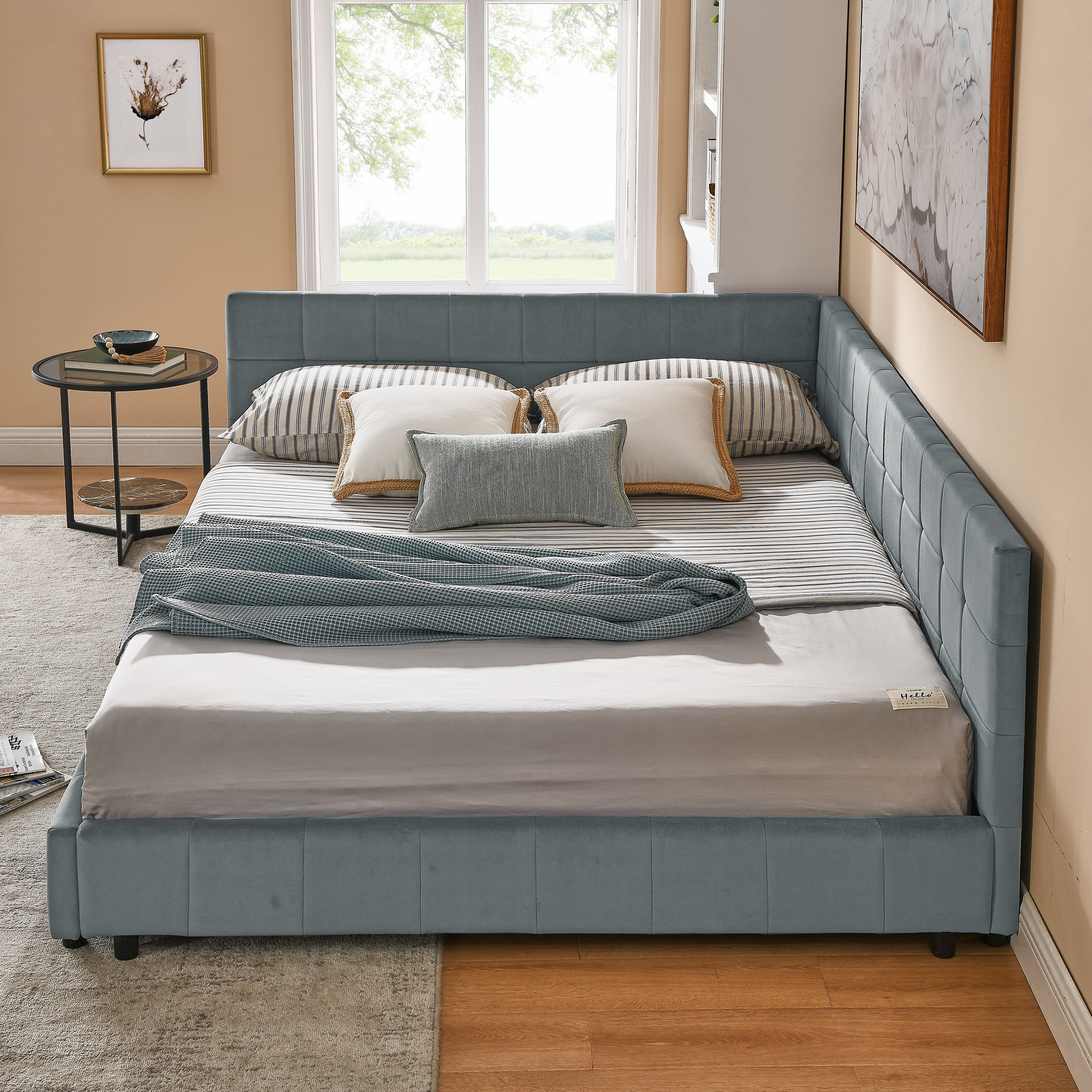 Queen Size Upholstered Tufted Bed Frame, Sofa Bed Frame with Comfortable Backrest and Armrests, Queen Size Bed for Bedroom, Living Room,Velvet, GREY(85.5''*64.5''*30.5'') - Image 3