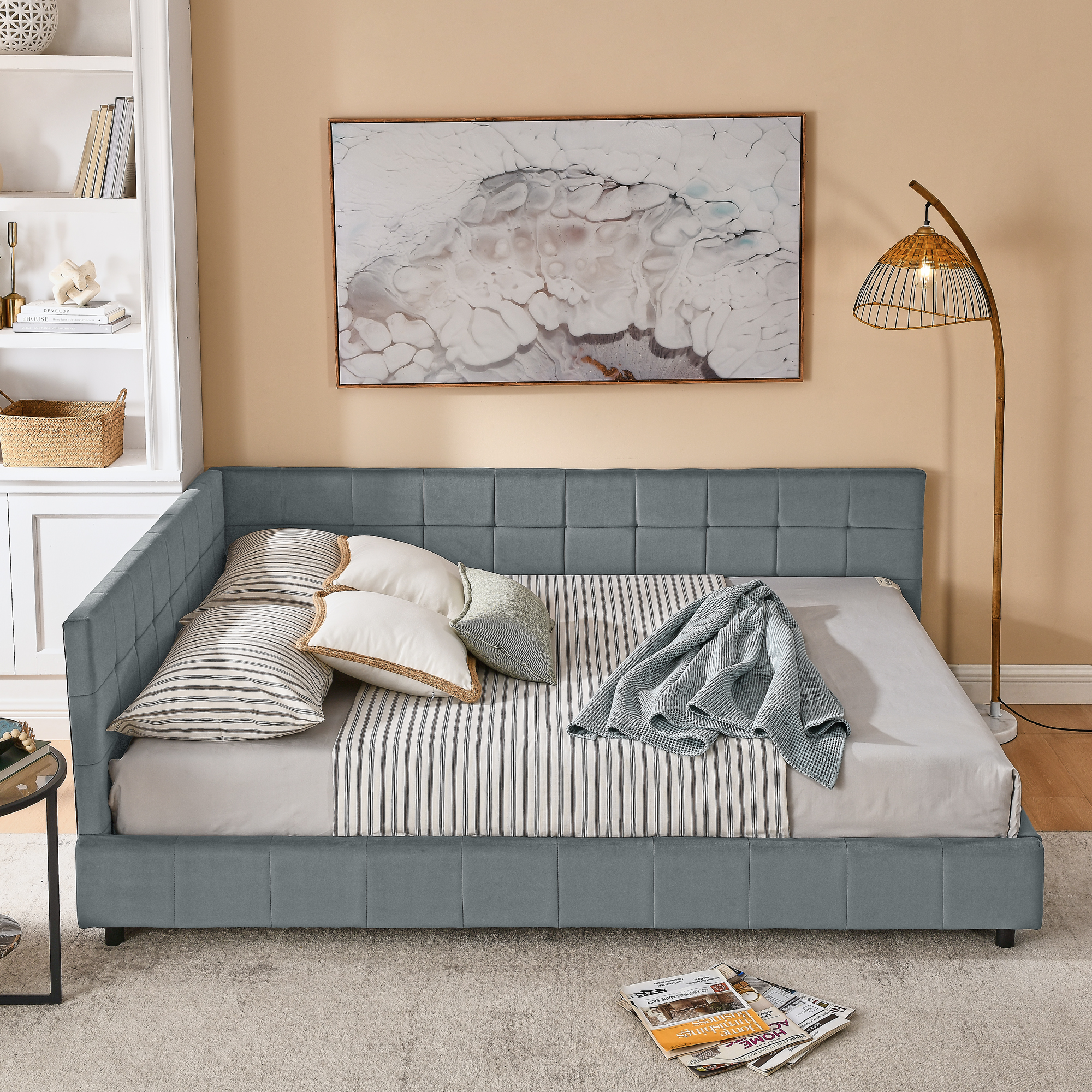 Queen Size Upholstered Tufted Bed Frame, Sofa Bed Frame with Comfortable Backrest and Armrests, Queen Size Bed for Bedroom, Living Room,Velvet, GREY(85.5''*64.5''*30.5'') - Image 4