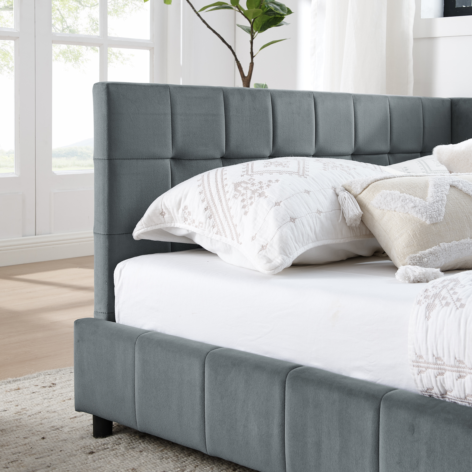 Queen Size Upholstered Tufted Bed Frame, Sofa Bed Frame with Comfortable Backrest and Armrests, Queen Size Bed for Bedroom, Living Room,Velvet, GREY(85.5''*64.5''*30.5'') - Image 5
