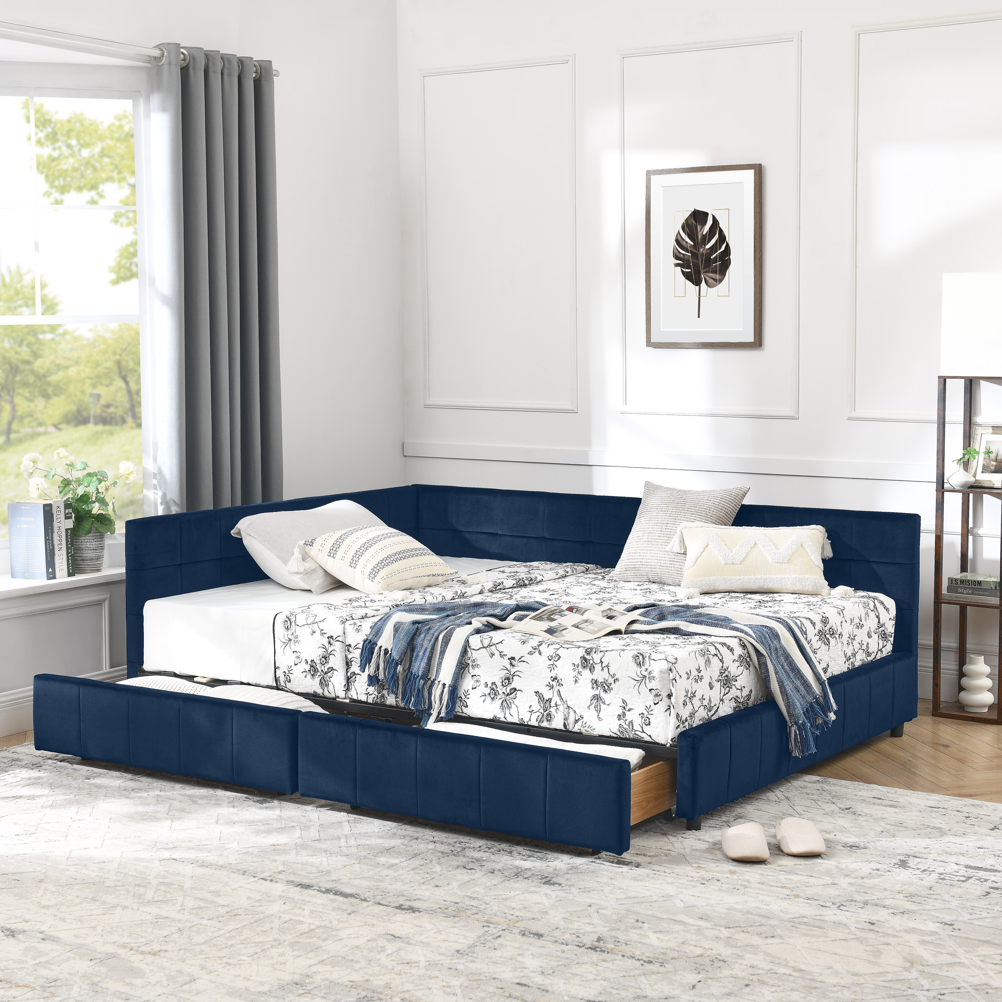 Full Size Storage Upholstered Tufted Bed Frame, Sofa Bed Frame with Comfortable Backrest and Armrests, Full Size Bed for Bedroom, Living Room,Velvet, DARK BLUE(80.5''*59''*29.5'') - Image 2