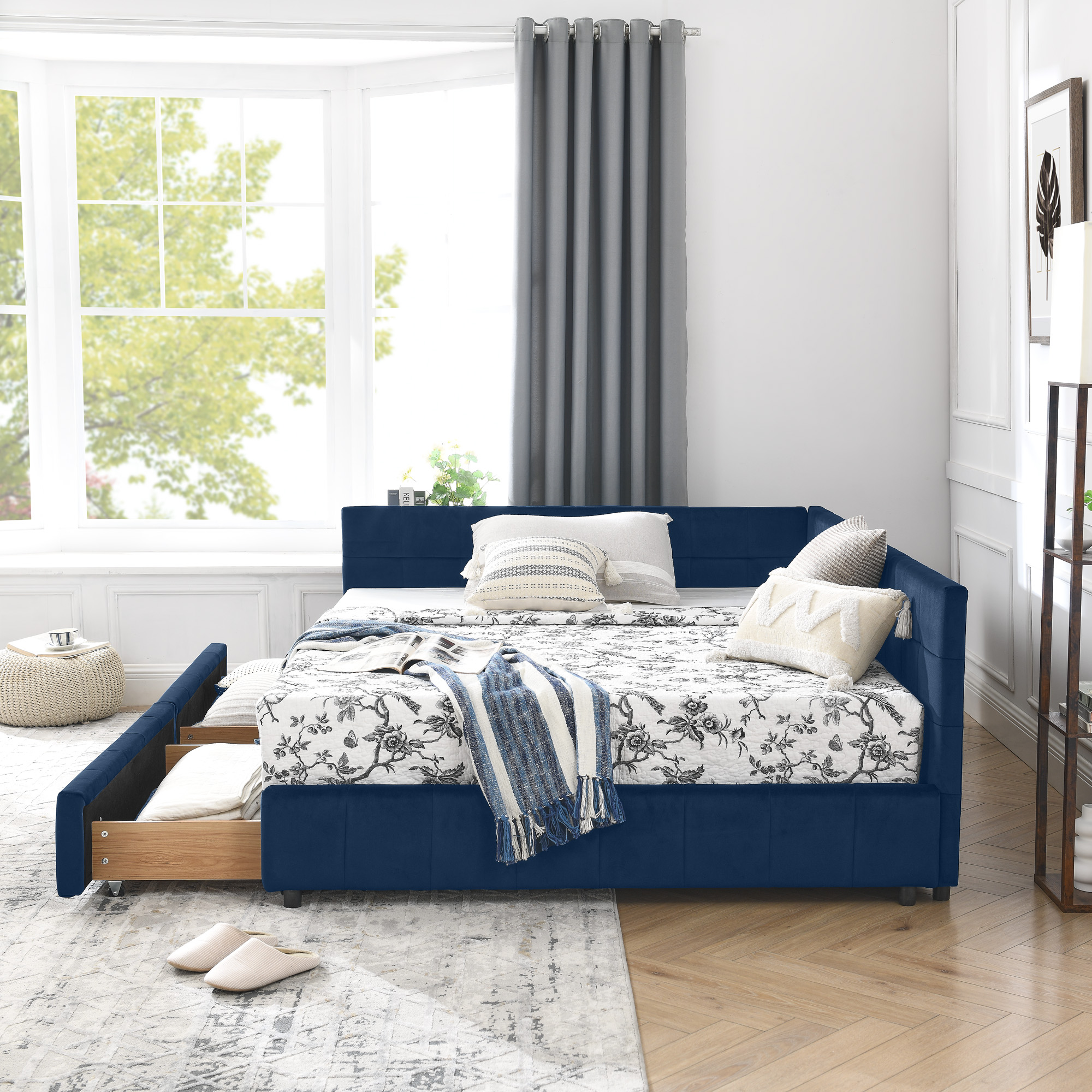 Full Size Storage Upholstered Tufted Bed Frame, Sofa Bed Frame with Comfortable Backrest and Armrests, Full Size Bed for Bedroom, Living Room,Velvet, DARK BLUE(80.5''*59''*29.5'') - Image 6