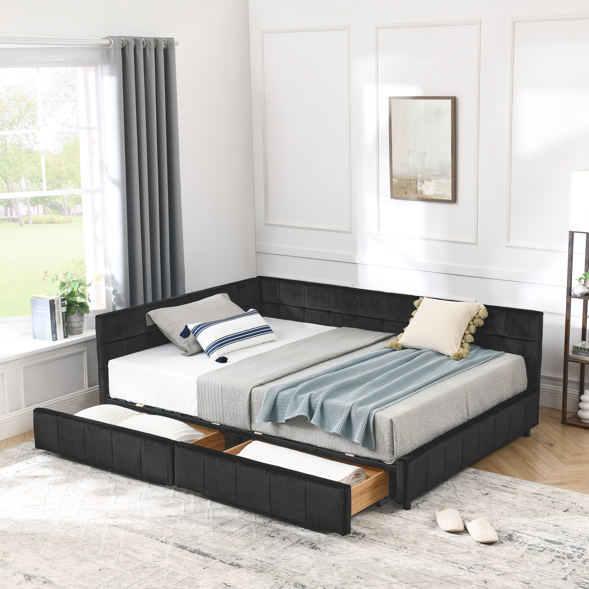 Full Size Storage Upholstered Tufted Bed Frame, Sofa Bed Frame with Comfortable Backrest and Armrests, Full Size Bed for Bedroom, Living Room,Velvet, BLACK(80.5”*59”*29.5”)