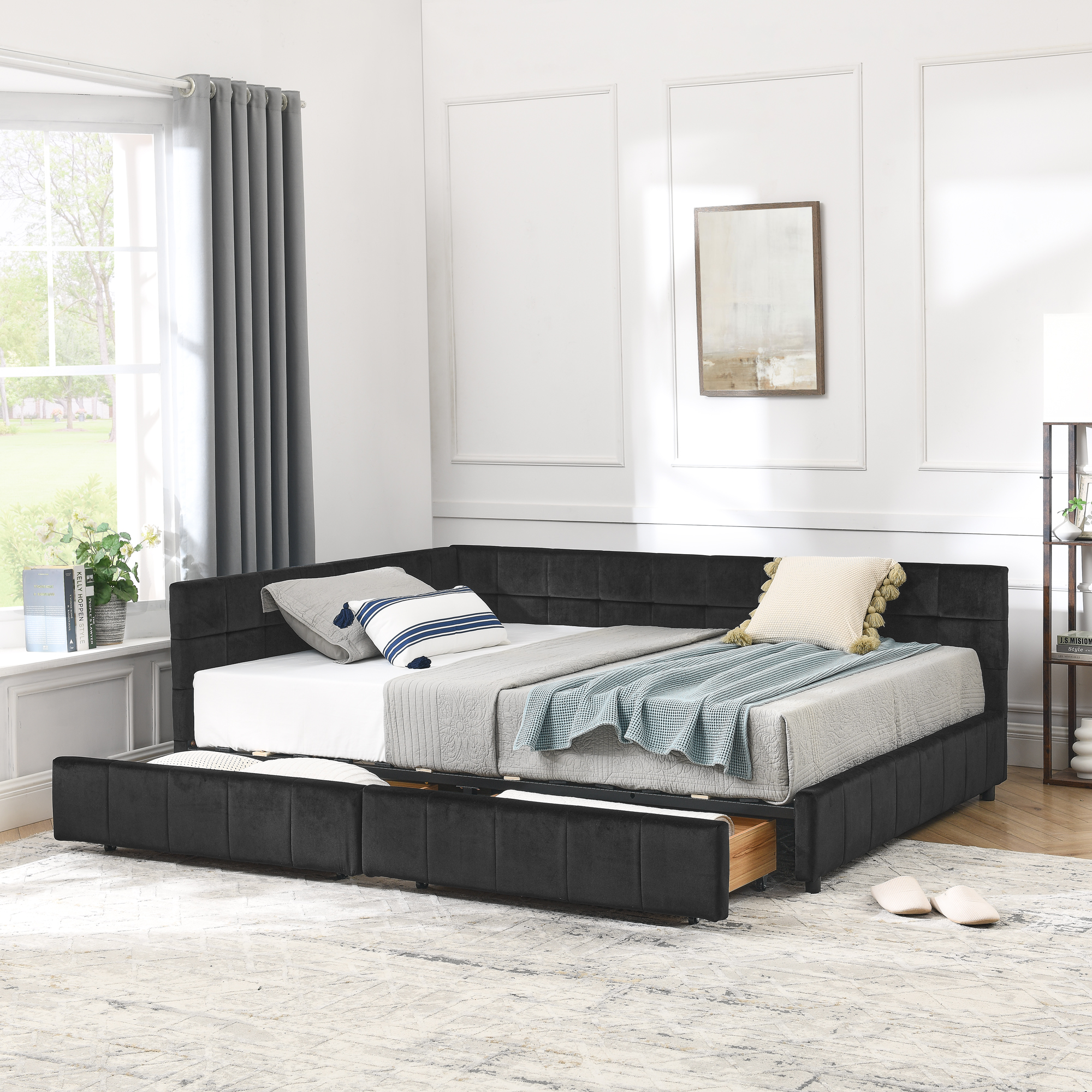 Full Size Storage Upholstered Tufted Bed Frame, Sofa Bed Frame with Comfortable Backrest and Armrests, Full Size Bed for Bedroom, Living Room,Velvet, BLACK(80.5''*59''*29.5'') - Image 2