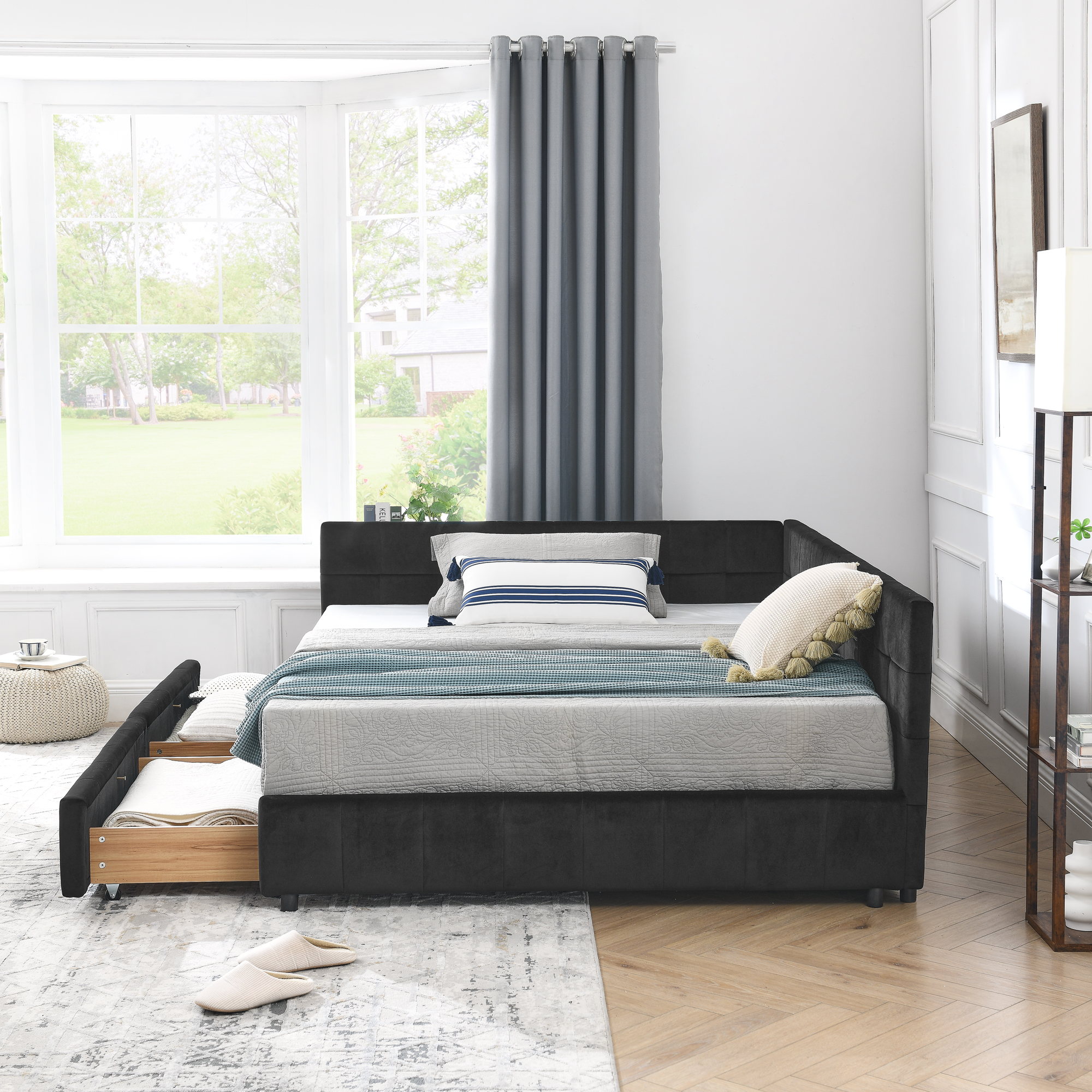 Full Size Storage Upholstered Tufted Bed Frame, Sofa Bed Frame with Comfortable Backrest and Armrests, Full Size Bed for Bedroom, Living Room,Velvet, BLACK(80.5''*59''*29.5'') - Image 3
