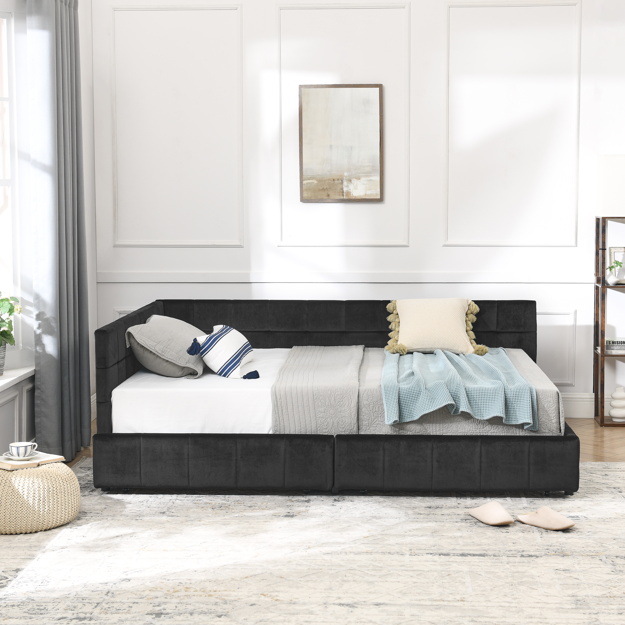 Full Size Storage Upholstered Tufted Bed Frame, Sofa Bed Frame with Comfortable Backrest and Armrests, Full Size Bed for Bedroom, Living Room,Velvet, BLACK(80.5''*59''*29.5'') - Image 4