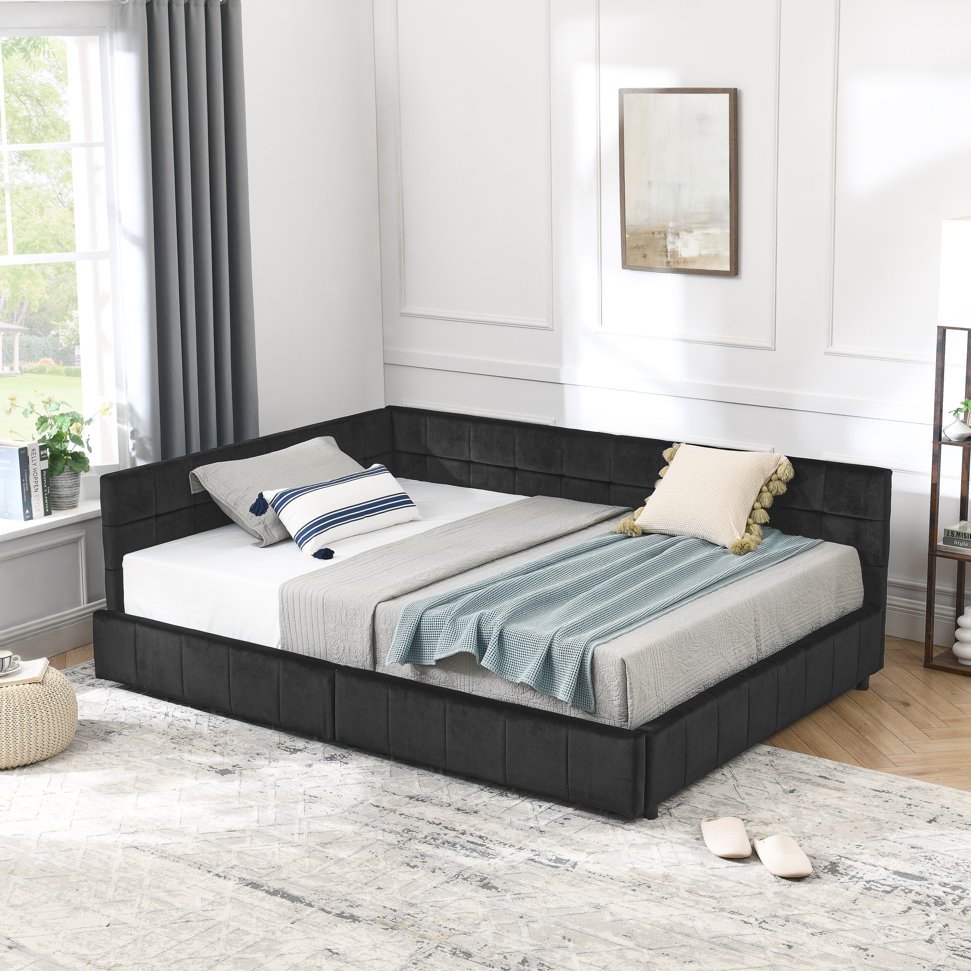 Full Size Storage Upholstered Tufted Bed Frame, Sofa Bed Frame with Comfortable Backrest and Armrests, Full Size Bed for Bedroom, Living Room,Velvet, BLACK(80.5''*59''*29.5'') - Image 5