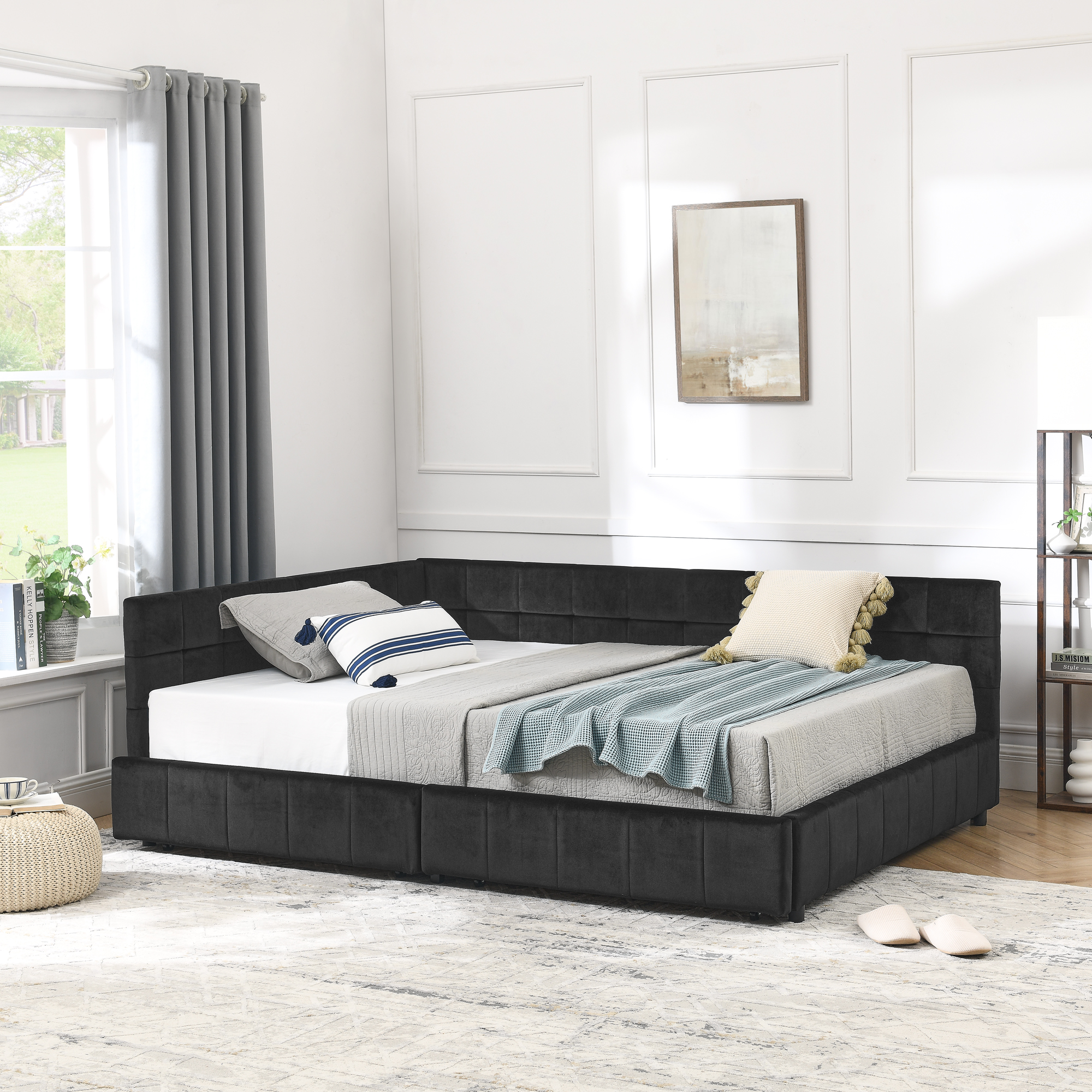 Full Size Storage Upholstered Tufted Bed Frame, Sofa Bed Frame with Comfortable Backrest and Armrests, Full Size Bed for Bedroom, Living Room,Velvet, BLACK(80.5''*59''*29.5'') - Image 6