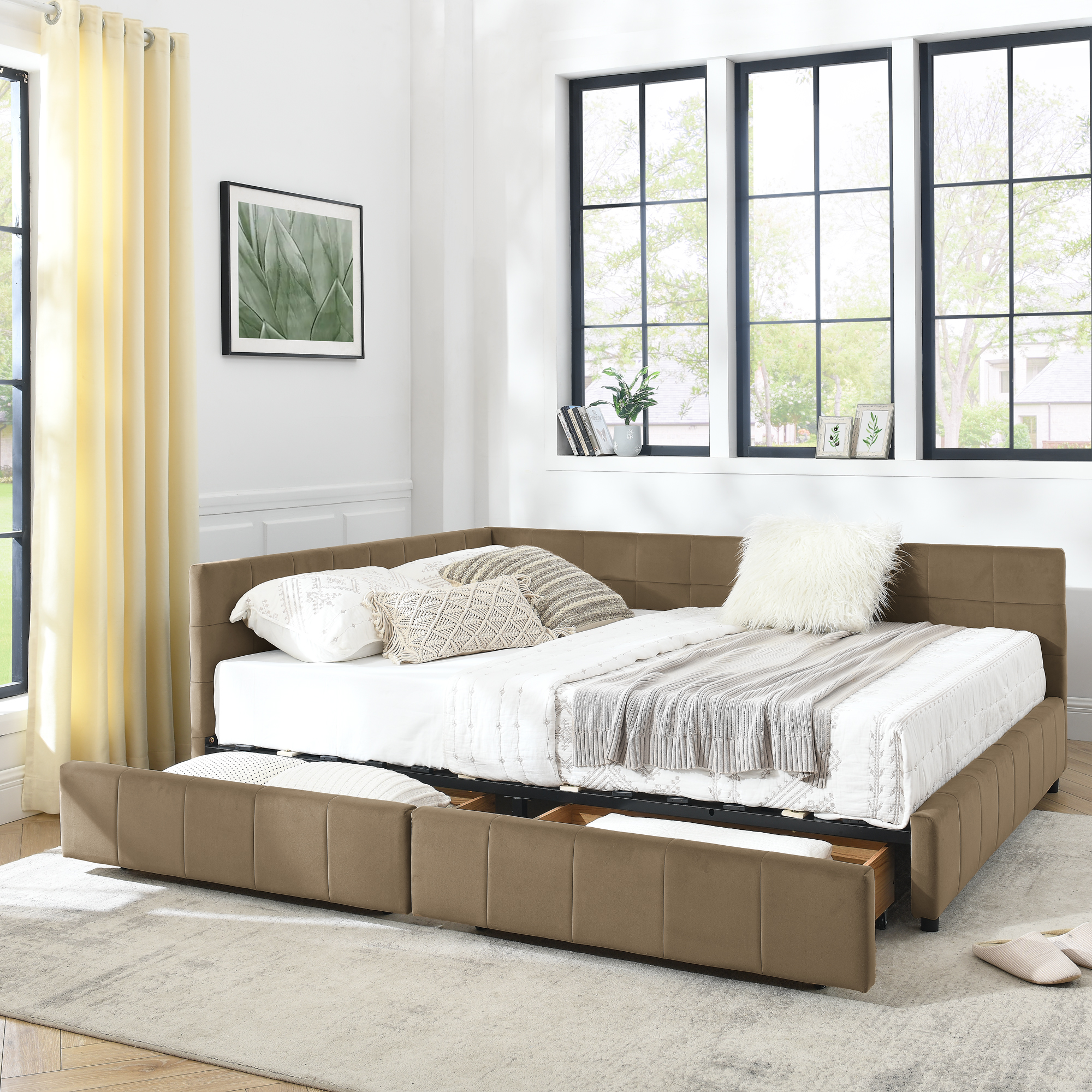 Queen Size Storage Upholstered Tufted Bed Frame, Sofa Bed Frame with Comfortable Backrest and Armrests, Queen Size Bed for Bedroom, Living Room,Velvet, BROWN(85.5”*64.5”*29.5”)