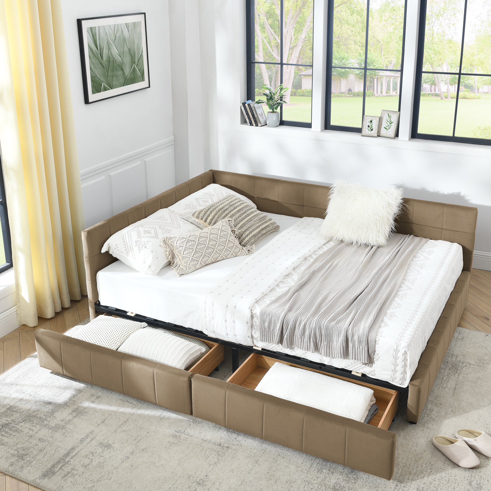 Queen Size Storage Upholstered Tufted Bed Frame, Sofa Bed Frame with Comfortable Backrest and Armrests, Queen Size Bed for Bedroom, Living Room,Velvet, BROWN(85.5''*64.5''*29.5'') - Image 2