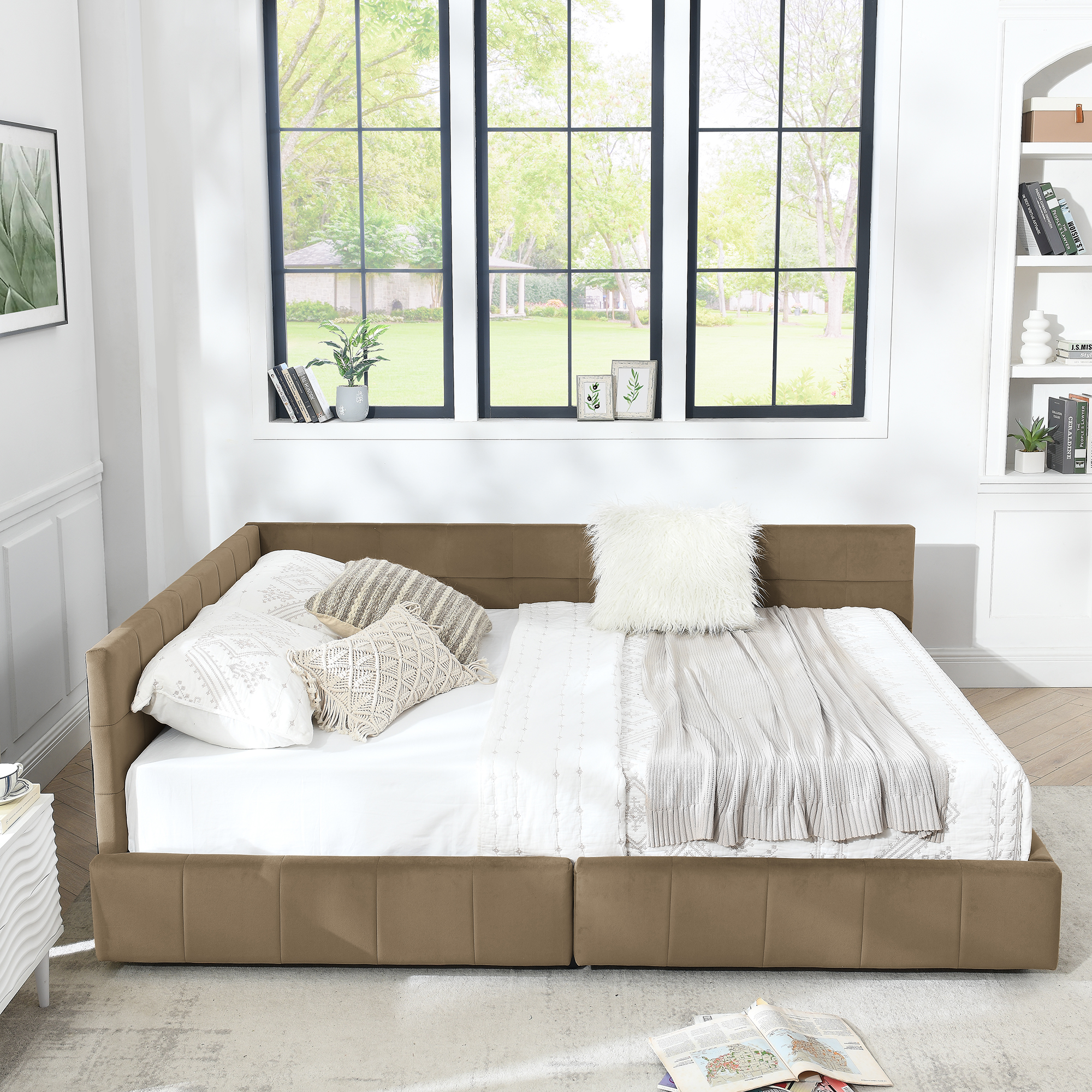 Queen Size Storage Upholstered Tufted Bed Frame, Sofa Bed Frame with Comfortable Backrest and Armrests, Queen Size Bed for Bedroom, Living Room,Velvet, BROWN(85.5''*64.5''*29.5'') - Image 3