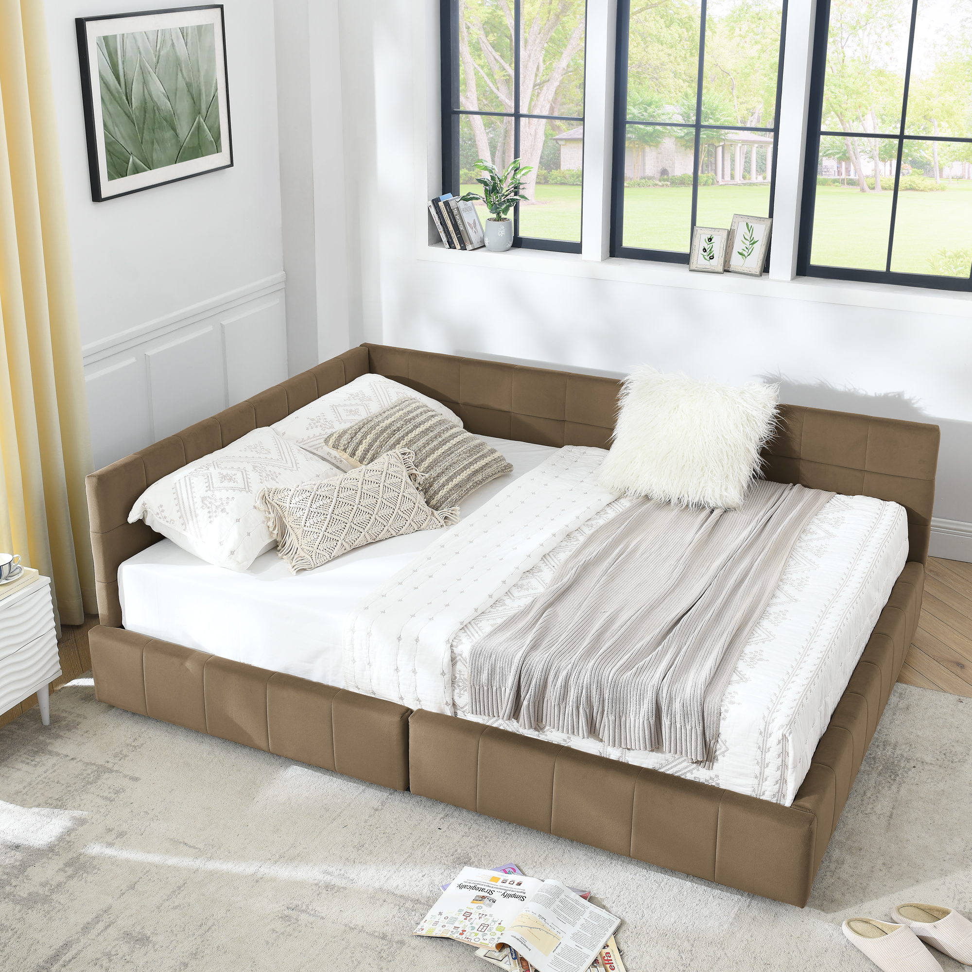 Queen Size Storage Upholstered Tufted Bed Frame, Sofa Bed Frame with Comfortable Backrest and Armrests, Queen Size Bed for Bedroom, Living Room,Velvet, BROWN(85.5''*64.5''*29.5'') - Image 4