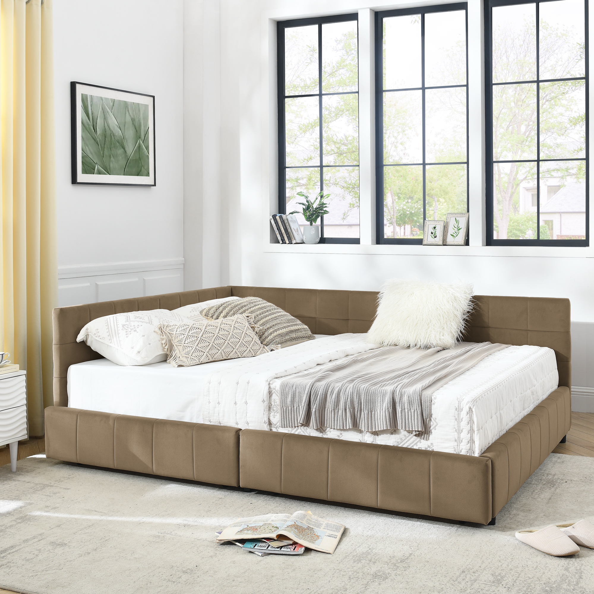 Queen Size Storage Upholstered Tufted Bed Frame, Sofa Bed Frame with Comfortable Backrest and Armrests, Queen Size Bed for Bedroom, Living Room,Velvet, BROWN(85.5''*64.5''*29.5'') - Image 5