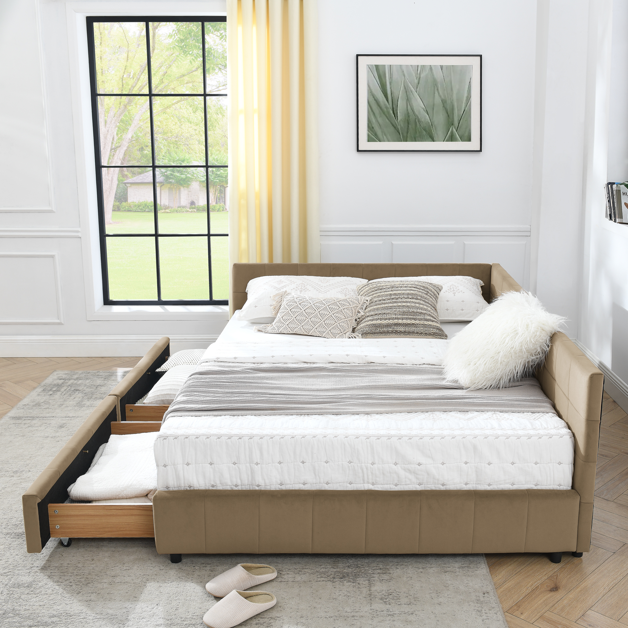 Queen Size Storage Upholstered Tufted Bed Frame, Sofa Bed Frame with Comfortable Backrest and Armrests, Queen Size Bed for Bedroom, Living Room,Velvet, BROWN(85.5''*64.5''*29.5'') - Image 6
