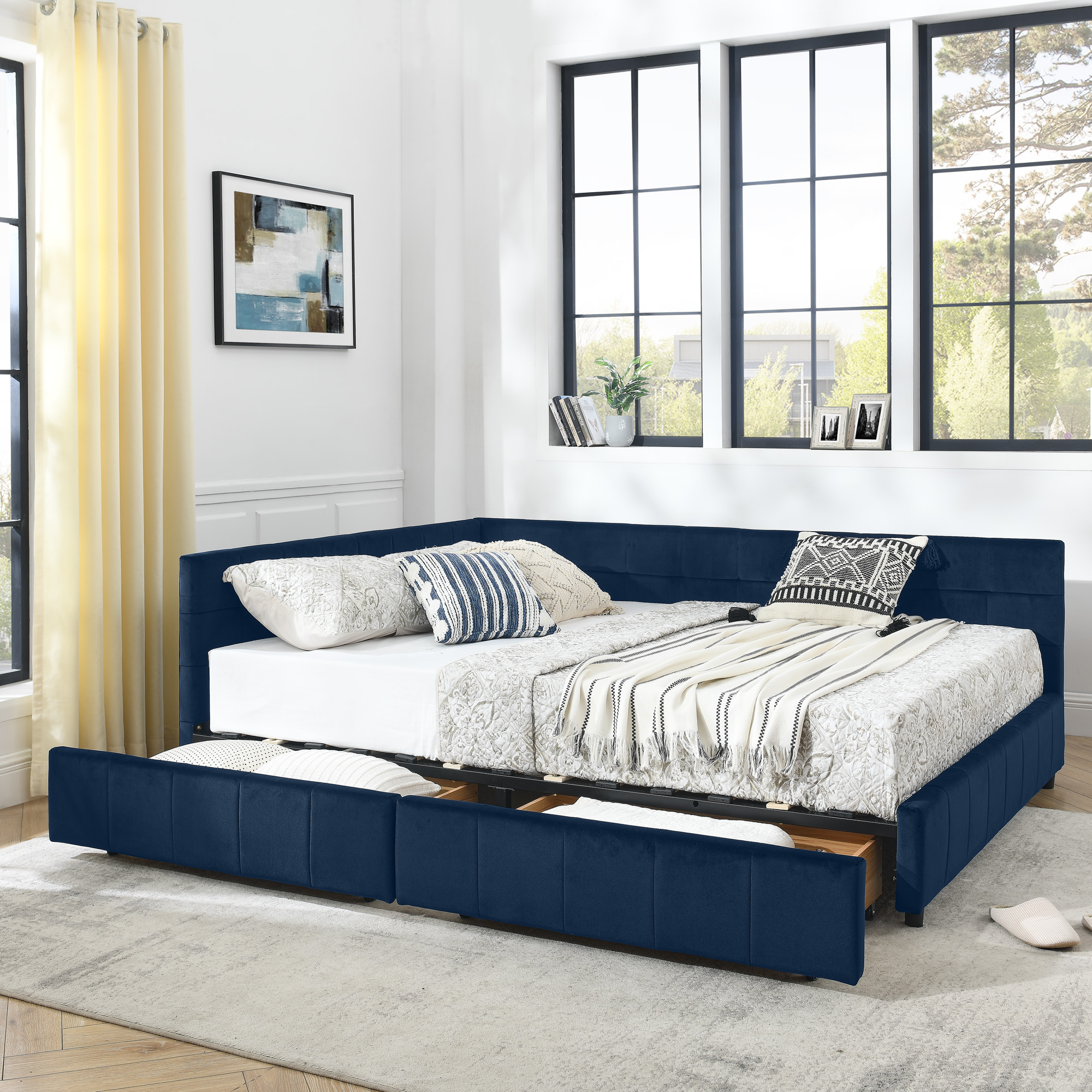 Queen Size Storage Upholstered Tufted Bed Frame, Sofa Bed Frame with Comfortable Backrest and Armrests, Queen Size Bed for Bedroom, Living Room,Velvet, DARK BLUE(85.5''*64.5''*29.5'') - Image 1