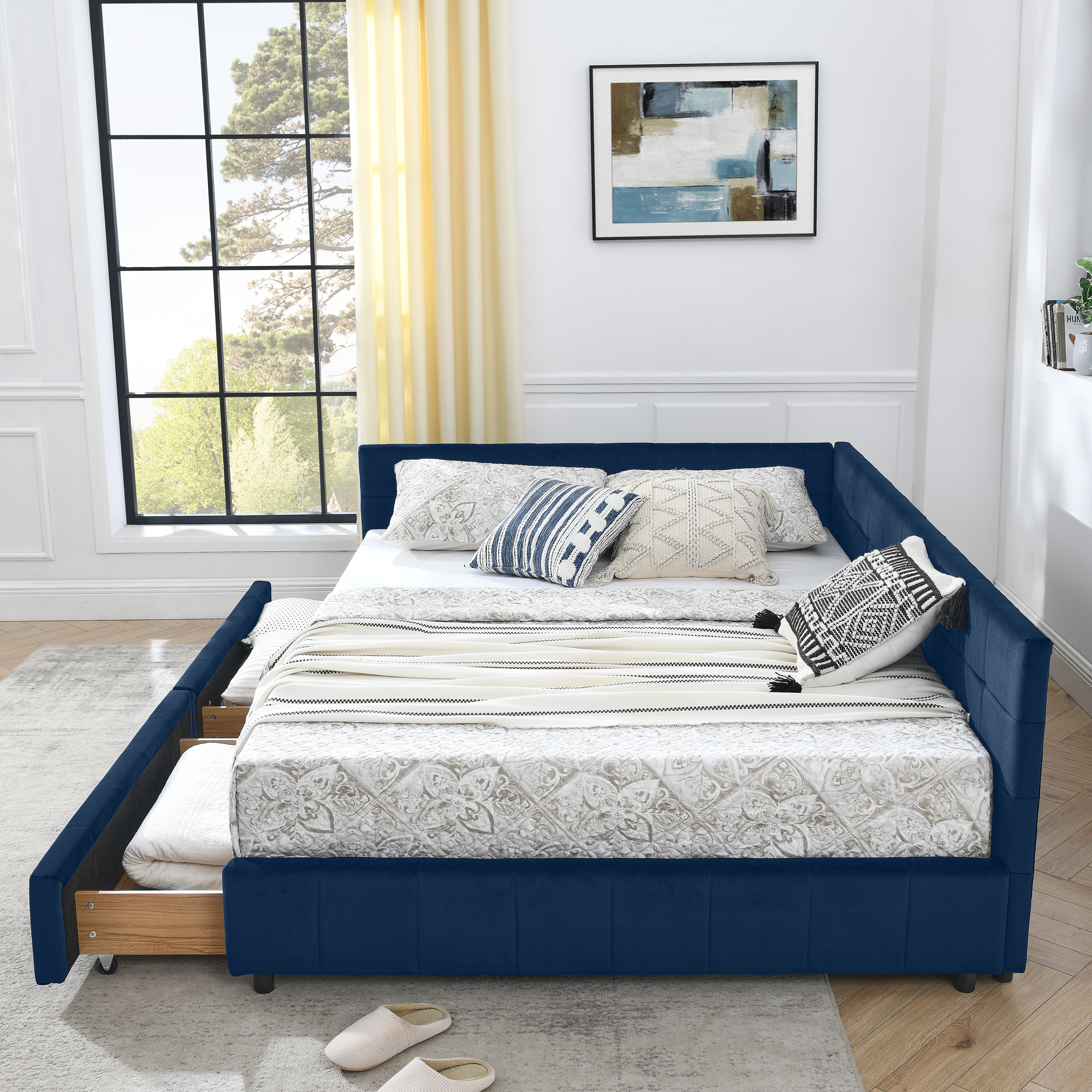 Queen Size Storage Upholstered Tufted Bed Frame, Sofa Bed Frame with Comfortable Backrest and Armrests, Queen Size Bed for Bedroom, Living Room,Velvet, DARK BLUE(85.5''*64.5''*29.5'') - Image 2