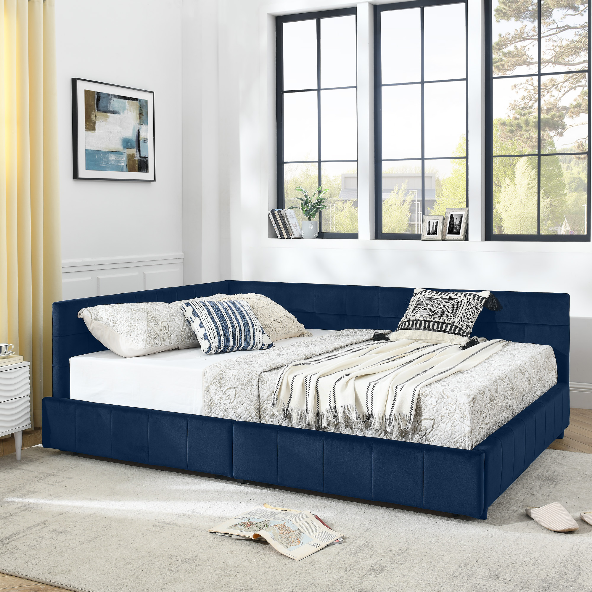 Queen Size Storage Upholstered Tufted Bed Frame, Sofa Bed Frame with Comfortable Backrest and Armrests, Queen Size Bed for Bedroom, Living Room,Velvet, DARK BLUE(85.5''*64.5''*29.5'') - Image 3