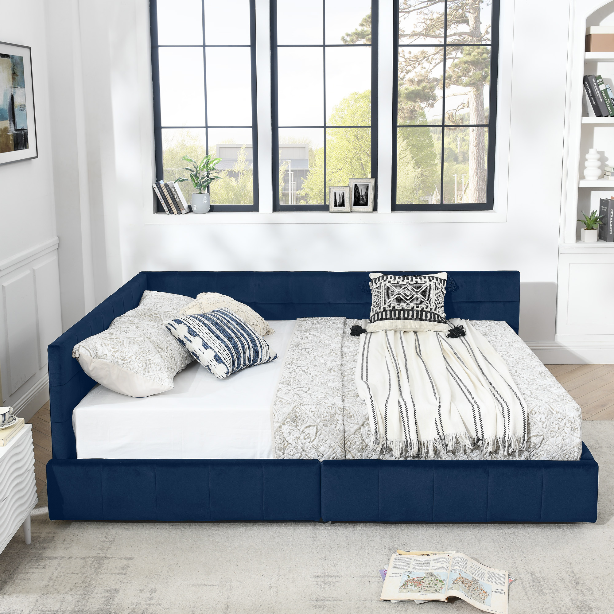 Queen Size Storage Upholstered Tufted Bed Frame, Sofa Bed Frame with Comfortable Backrest and Armrests, Queen Size Bed for Bedroom, Living Room,Velvet, DARK BLUE(85.5''*64.5''*29.5'') - Image 4