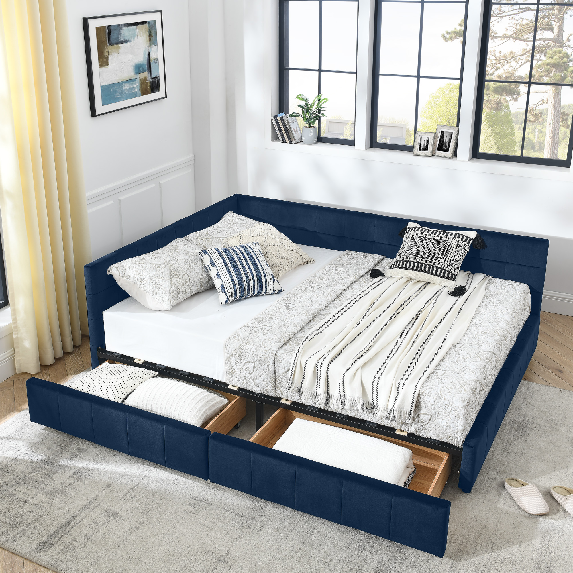 Queen Size Storage Upholstered Tufted Bed Frame, Sofa Bed Frame with Comfortable Backrest and Armrests, Queen Size Bed for Bedroom, Living Room,Velvet, DARK BLUE(85.5''*64.5''*29.5'') - Image 5