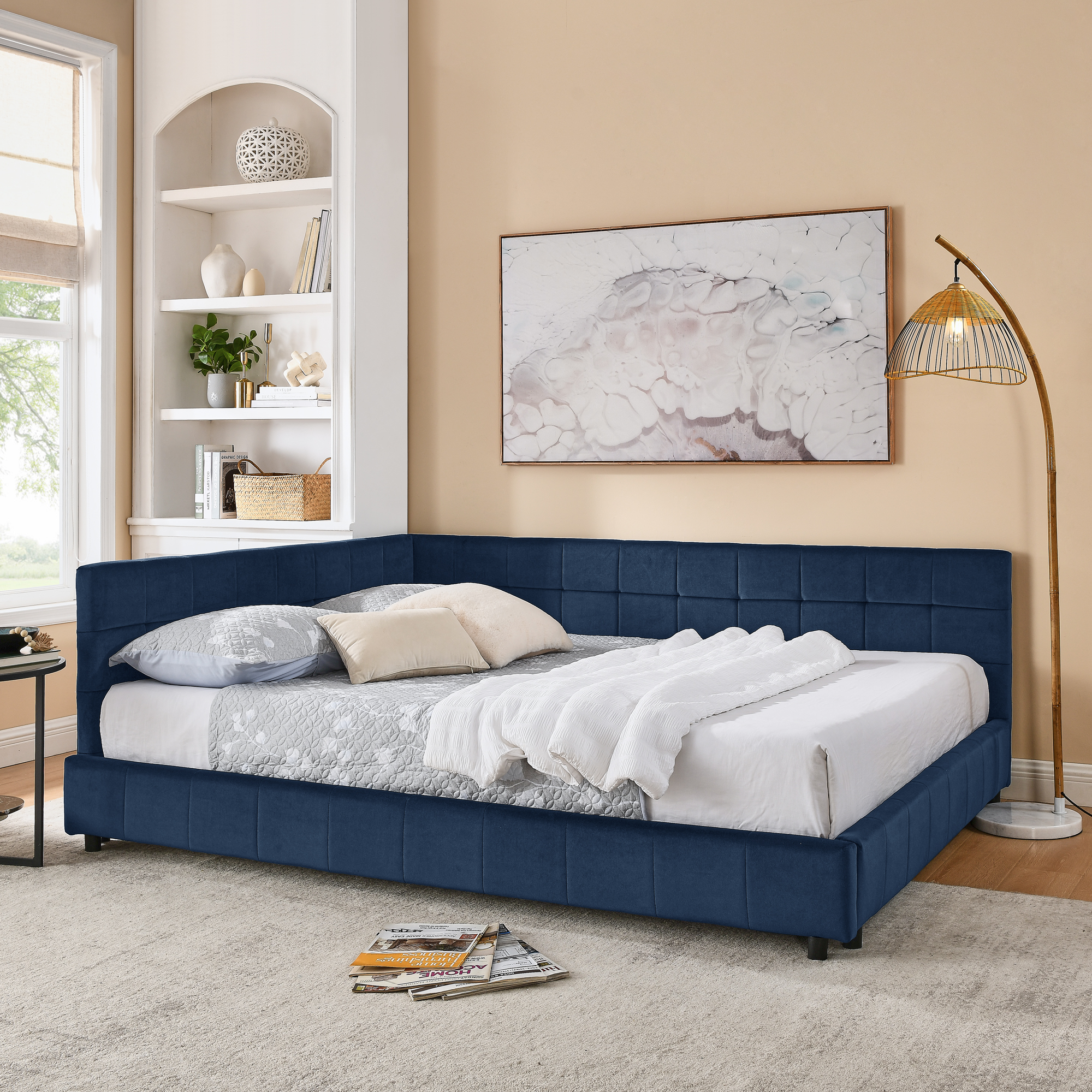 Queen Size Upholstered Tufted Bed Frame, Sofa Bed Frame with Comfortable Backrest and Armrests, Queen Size Bed for Bedroom, Living Room,Velvet, DARK BLUE(85.5”*64.5”*30.5”)