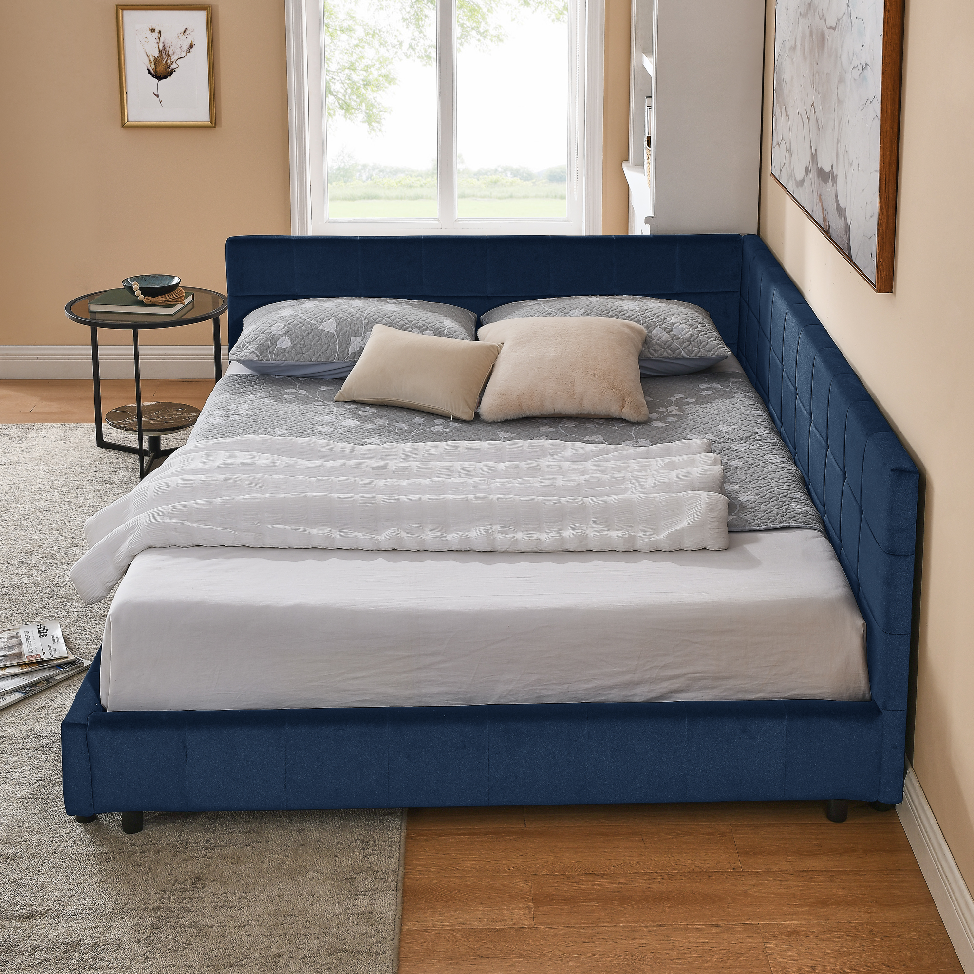 Queen Size Upholstered Tufted Bed Frame, Sofa Bed Frame with Comfortable Backrest and Armrests, Queen Size Bed for Bedroom, Living Room,Velvet, DARK BLUE(85.5''*64.5''*30.5'') - Image 2