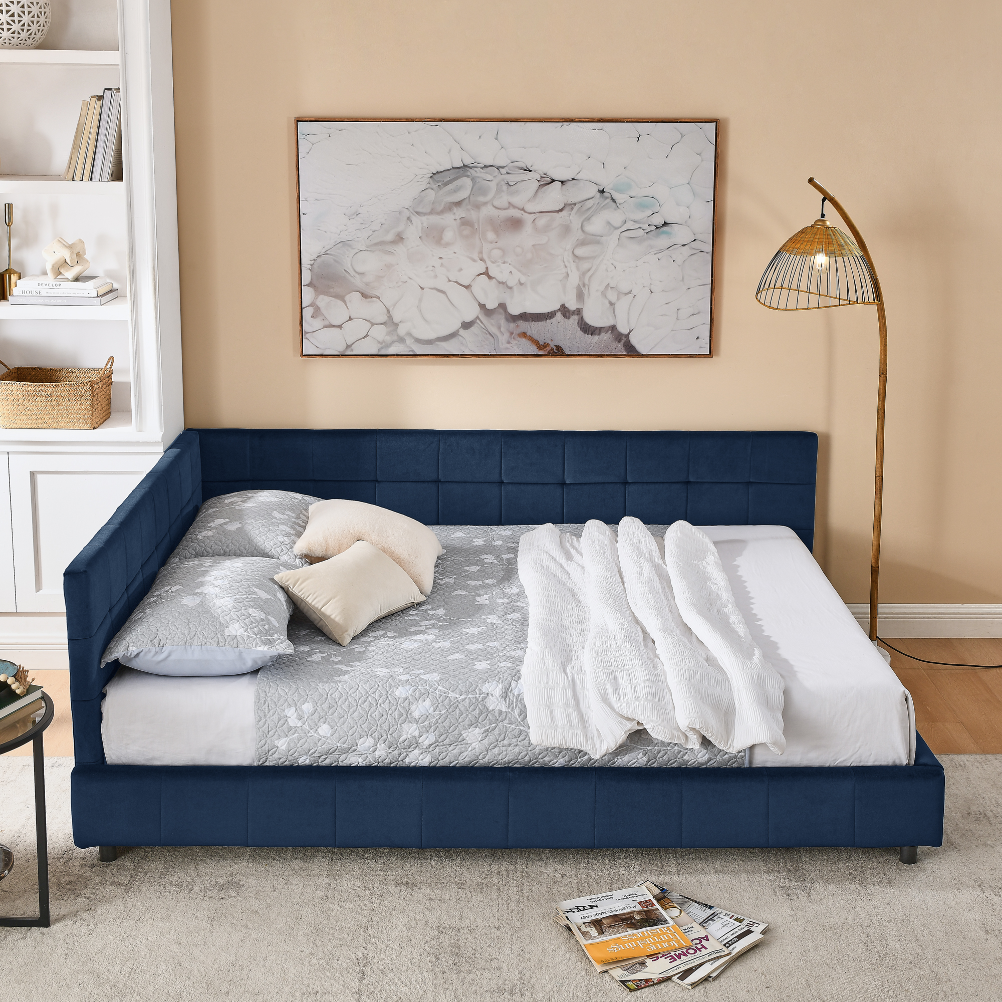 Queen Size Upholstered Tufted Bed Frame, Sofa Bed Frame with Comfortable Backrest and Armrests, Queen Size Bed for Bedroom, Living Room,Velvet, DARK BLUE(85.5''*64.5''*30.5'') - Image 3