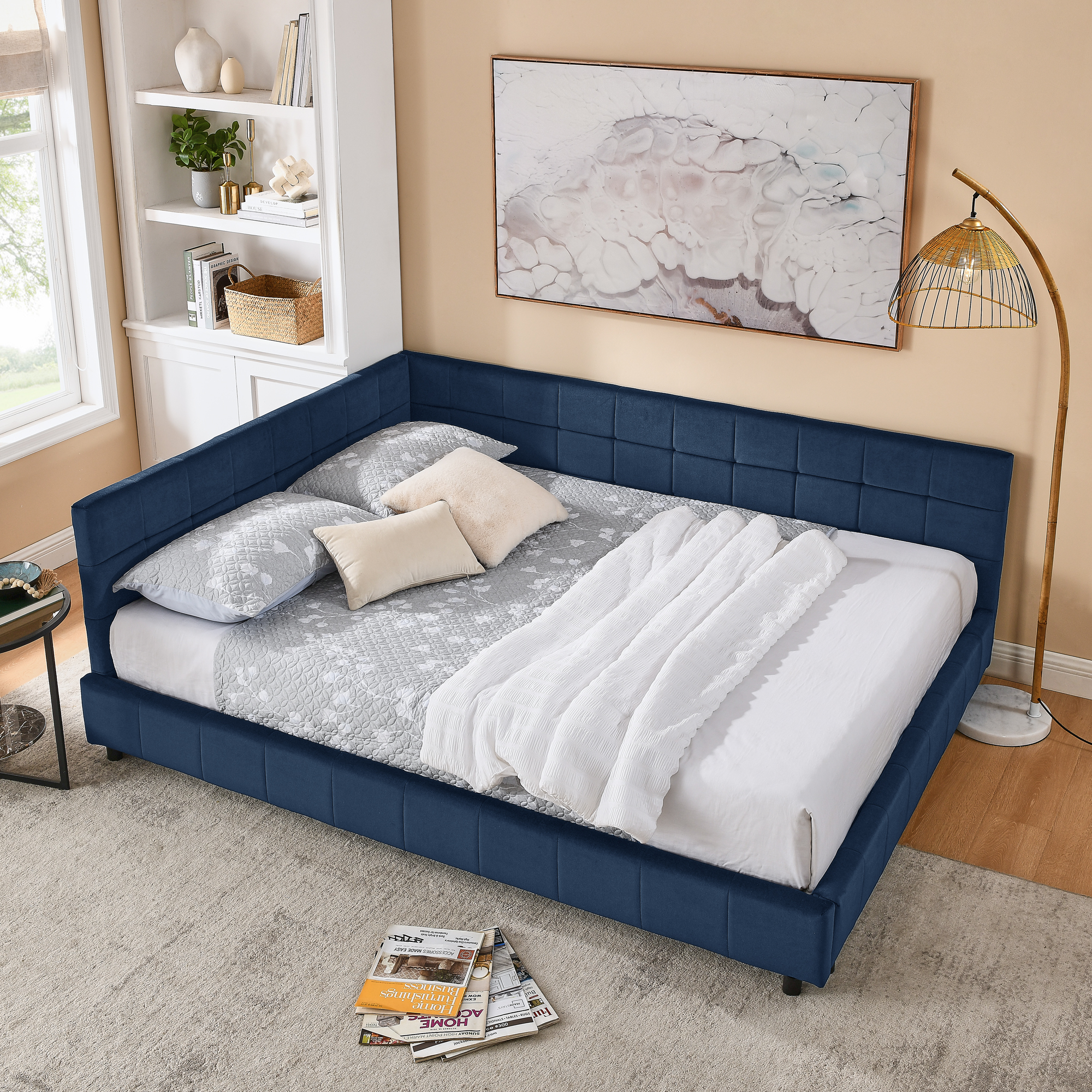 Queen Size Upholstered Tufted Bed Frame, Sofa Bed Frame with Comfortable Backrest and Armrests, Queen Size Bed for Bedroom, Living Room,Velvet, DARK BLUE(85.5''*64.5''*30.5'') - Image 4