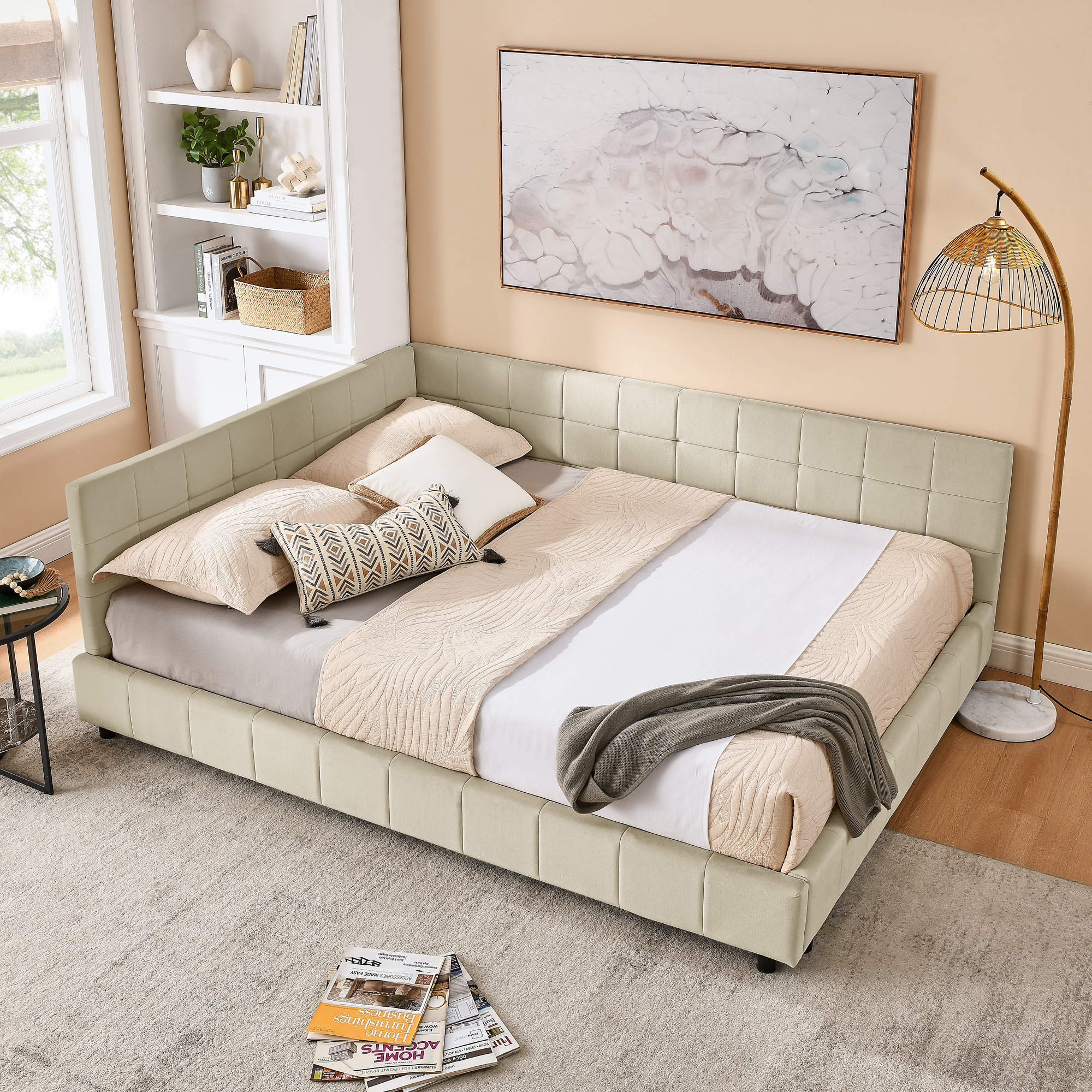 Queen Size Upholstered Tufted Bed Frame, Sofa Bed Frame with Comfortable Backrest and Armrests, Queen Size Bed for Bedroom, Living Room,Velvet, beige(85.5”*64.5”*30.5”)