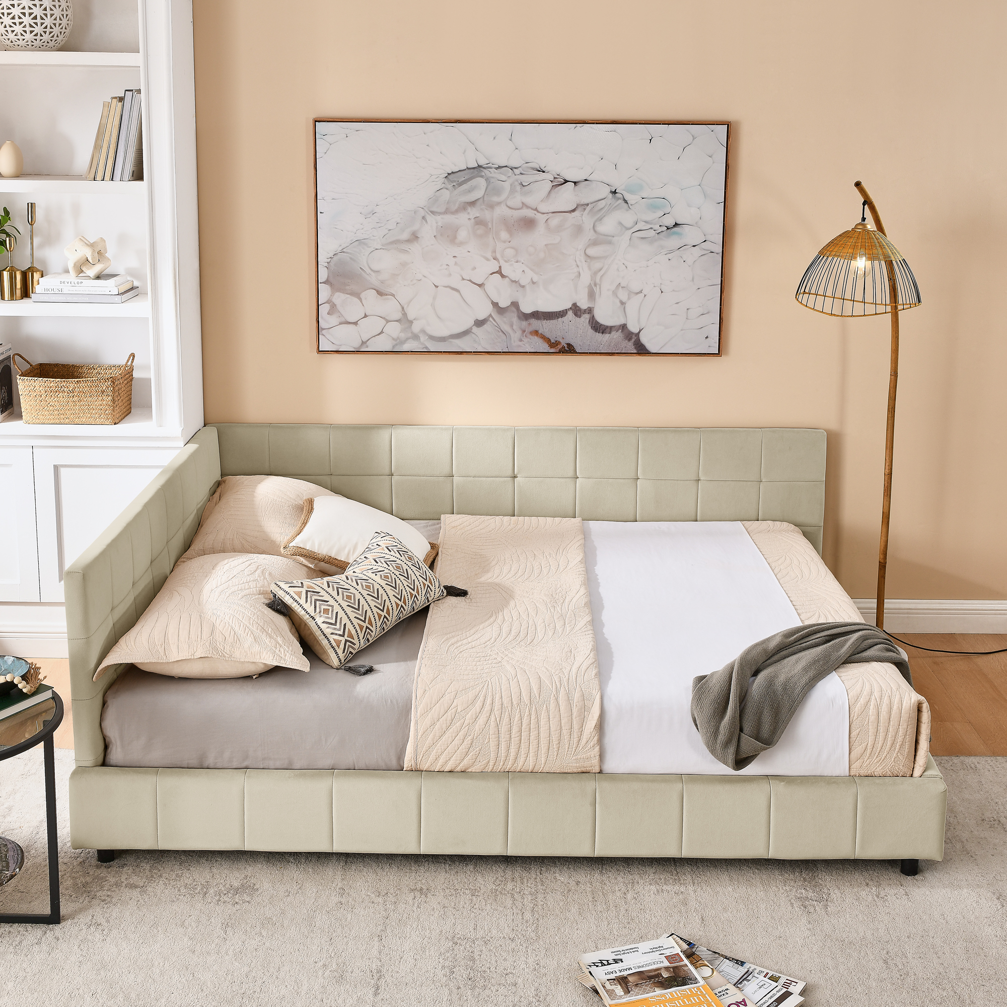 Queen Size Upholstered Tufted Bed Frame, Sofa Bed Frame with Comfortable Backrest and Armrests, Queen Size Bed for Bedroom, Living Room,Velvet, beige(85.5''*64.5''*30.5'') - Image 2