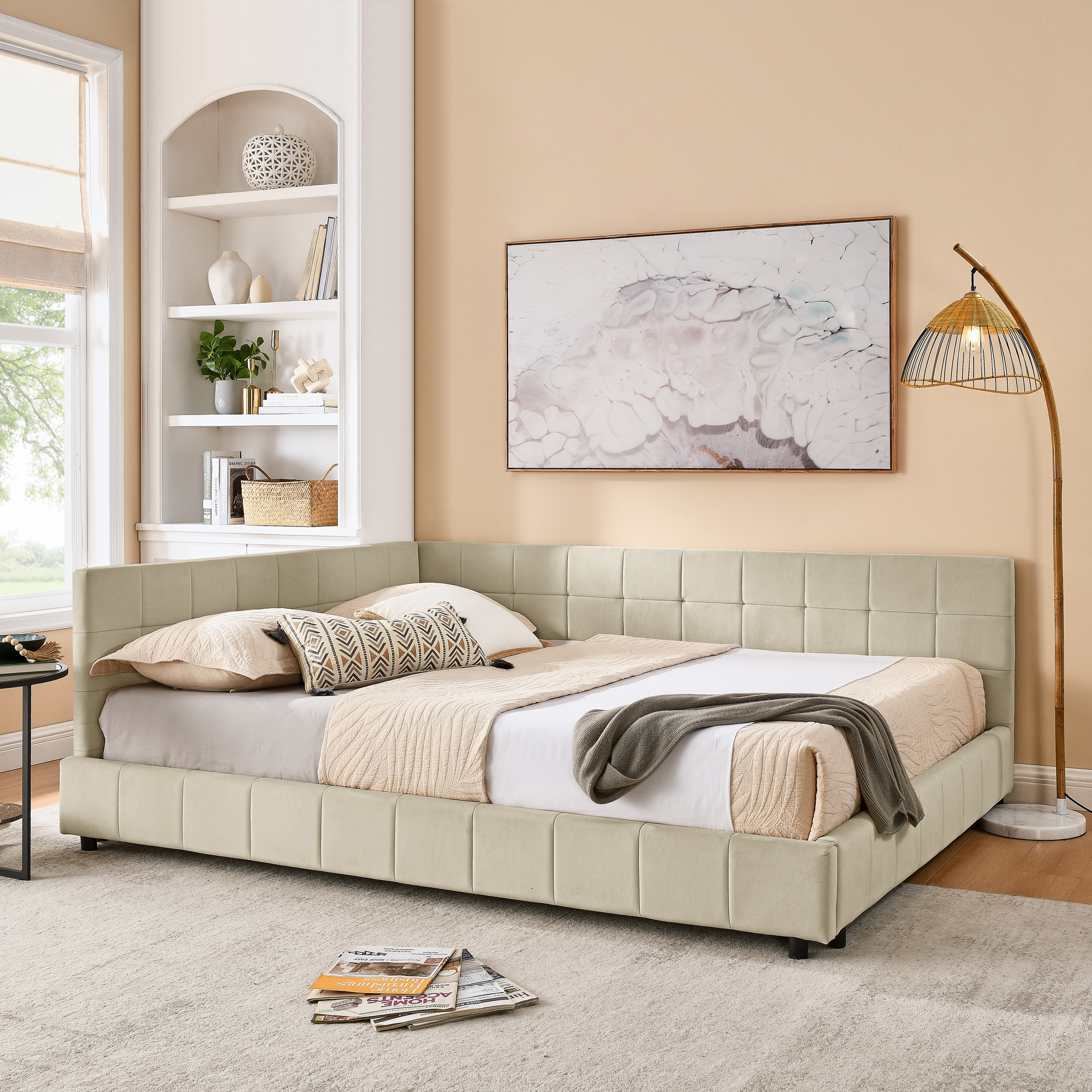 Queen Size Upholstered Tufted Bed Frame, Sofa Bed Frame with Comfortable Backrest and Armrests, Queen Size Bed for Bedroom, Living Room,Velvet, beige(85.5''*64.5''*30.5'') - Image 3