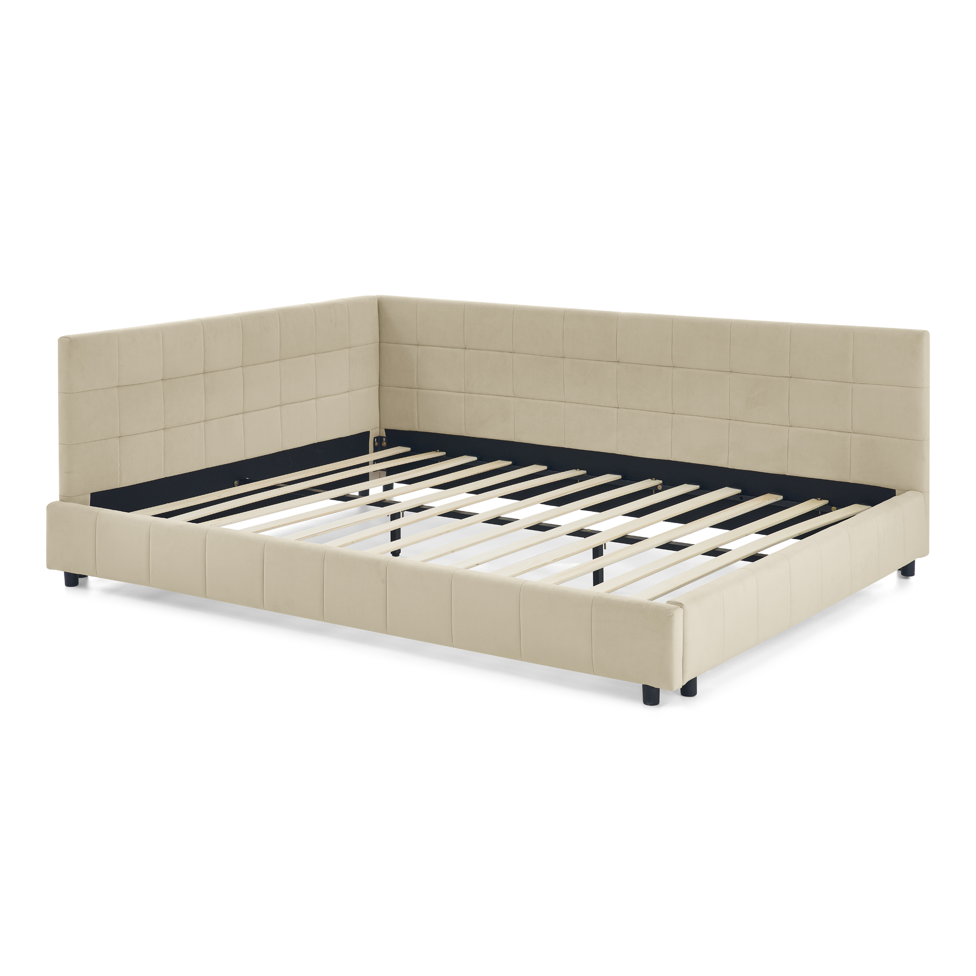 Queen Size Upholstered Tufted Bed Frame, Sofa Bed Frame with Comfortable Backrest and Armrests, Queen Size Bed for Bedroom, Living Room,Velvet, beige(85.5''*64.5''*30.5'') - Image 5