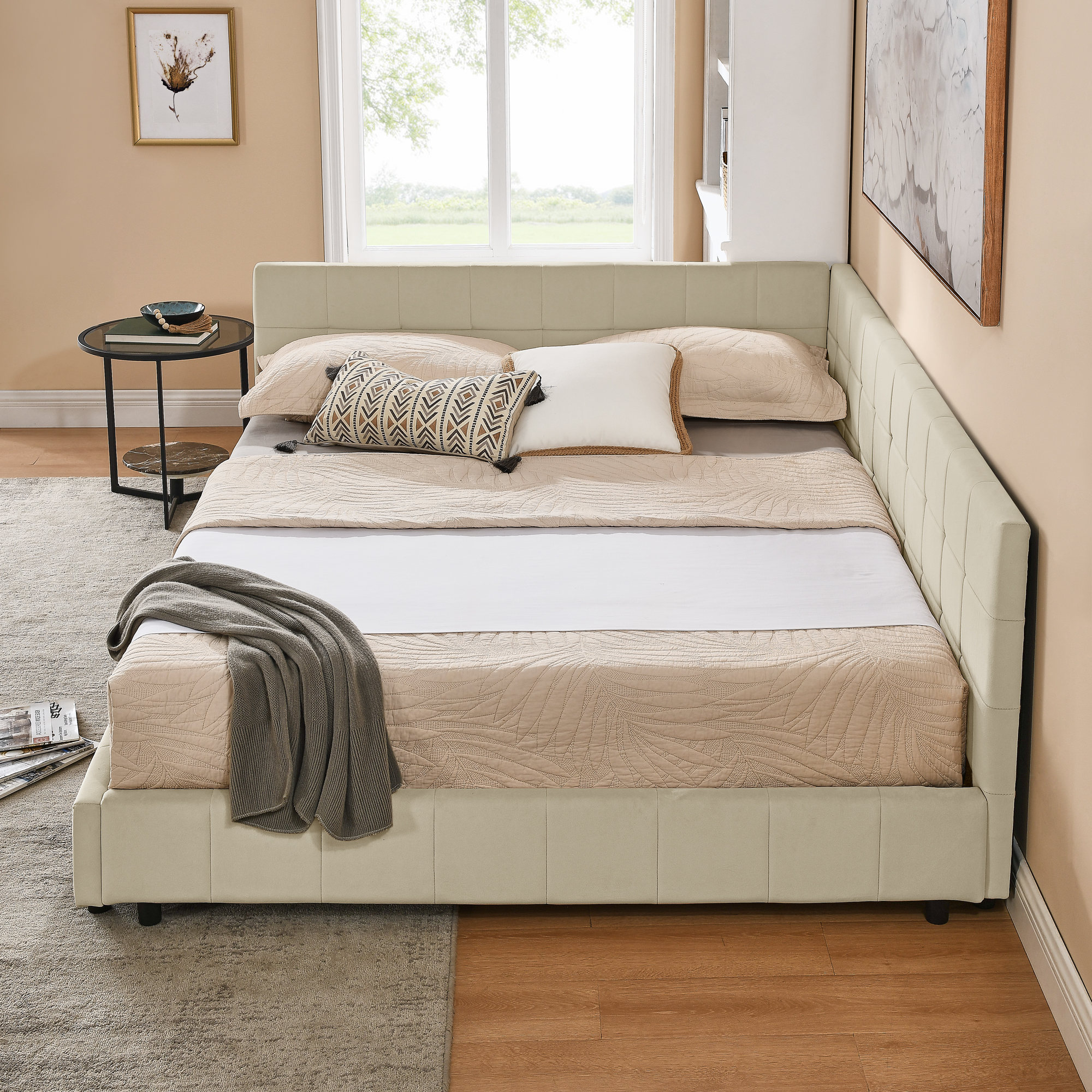 Queen Size Upholstered Tufted Bed Frame, Sofa Bed Frame with Comfortable Backrest and Armrests, Queen Size Bed for Bedroom, Living Room,Velvet, beige(85.5''*64.5''*30.5'') - Image 4
