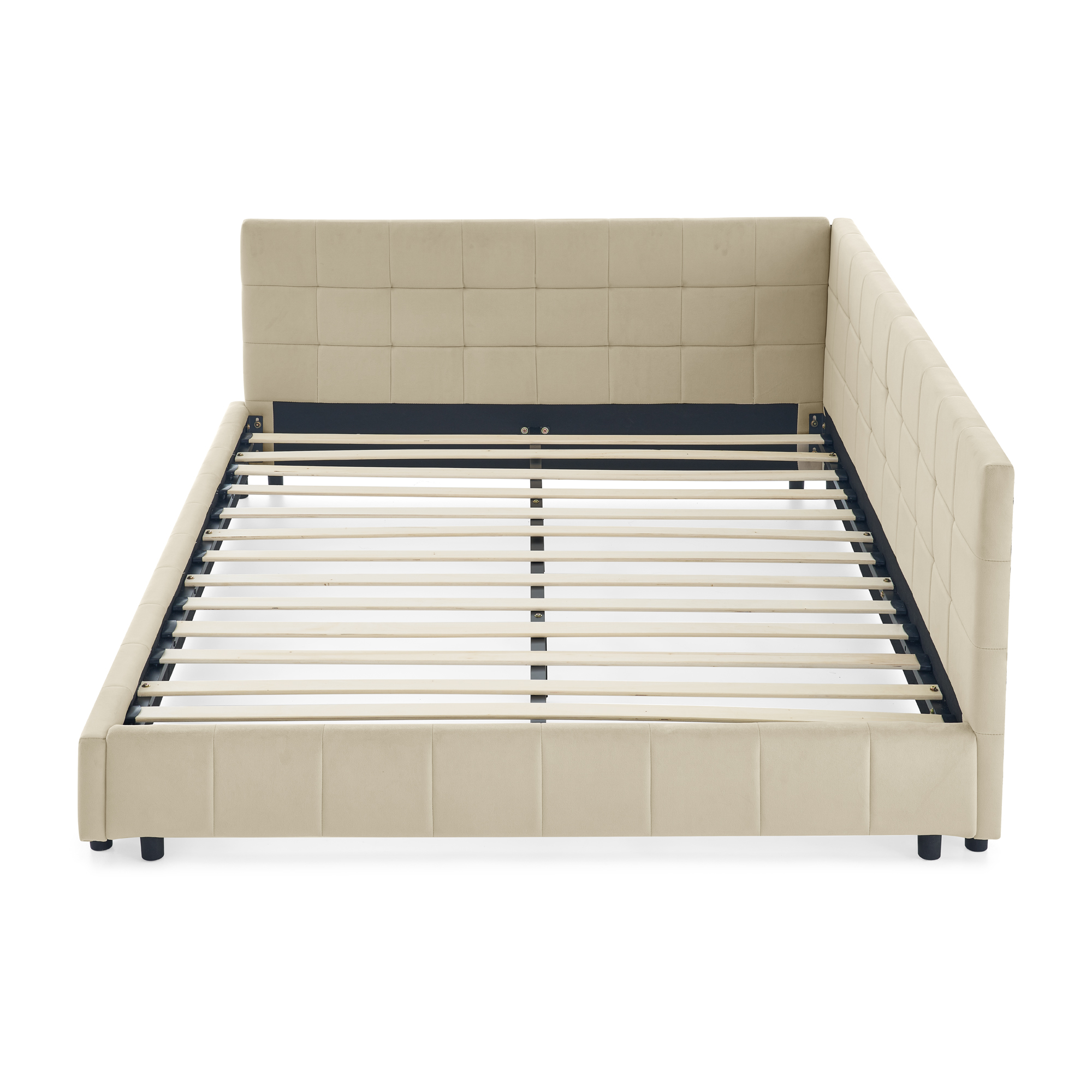 Queen Size Upholstered Tufted Bed Frame, Sofa Bed Frame with Comfortable Backrest and Armrests, Queen Size Bed for Bedroom, Living Room,Velvet, beige(85.5''*64.5''*30.5'') - Image 6