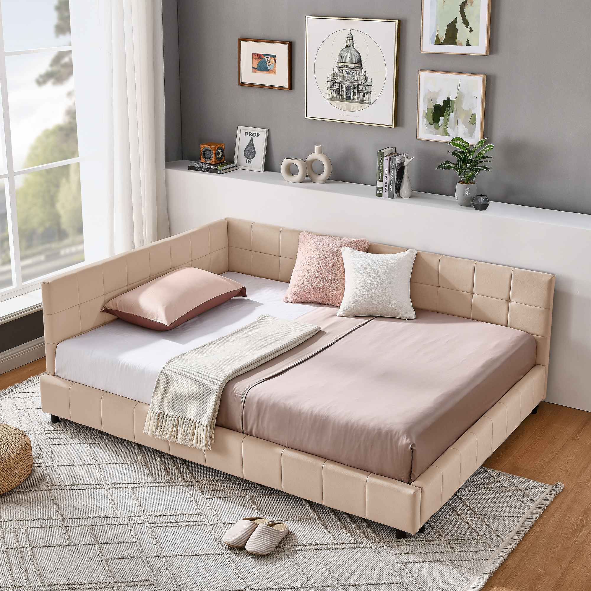 Full Size Upholstered Tufted Bed Frame, Sofa Bed Frame with Comfortable Backrest and Armrests, Full Size Bed for Bedroom, Living Room,Velvet, PINK(80.5''*59''*30.5'') - Image 1