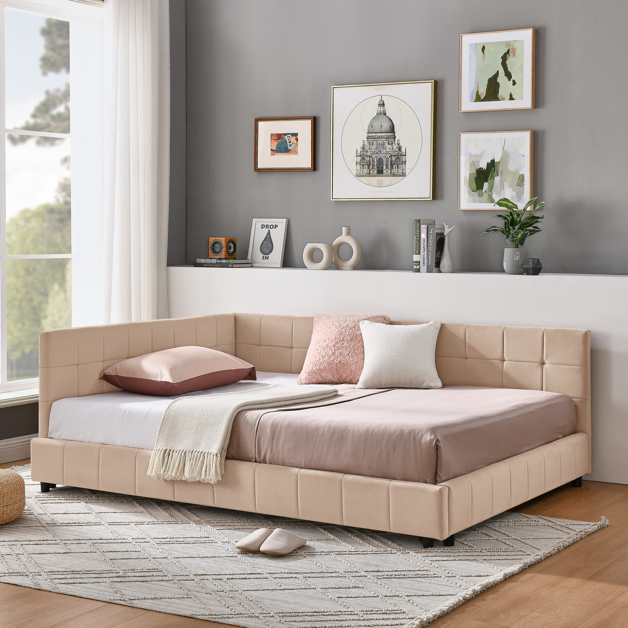 Full Size Upholstered Tufted Bed Frame, Sofa Bed Frame with Comfortable Backrest and Armrests, Full Size Bed for Bedroom, Living Room,Velvet, PINK(80.5''*59''*30.5'') - Image 2