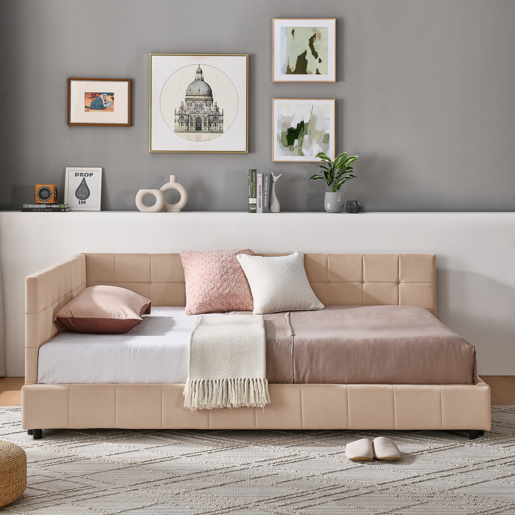 Full Size Upholstered Tufted Bed Frame, Sofa Bed Frame with Comfortable Backrest and Armrests, Full Size Bed for Bedroom, Living Room,Velvet, PINK(80.5''*59''*30.5'') - Image 3